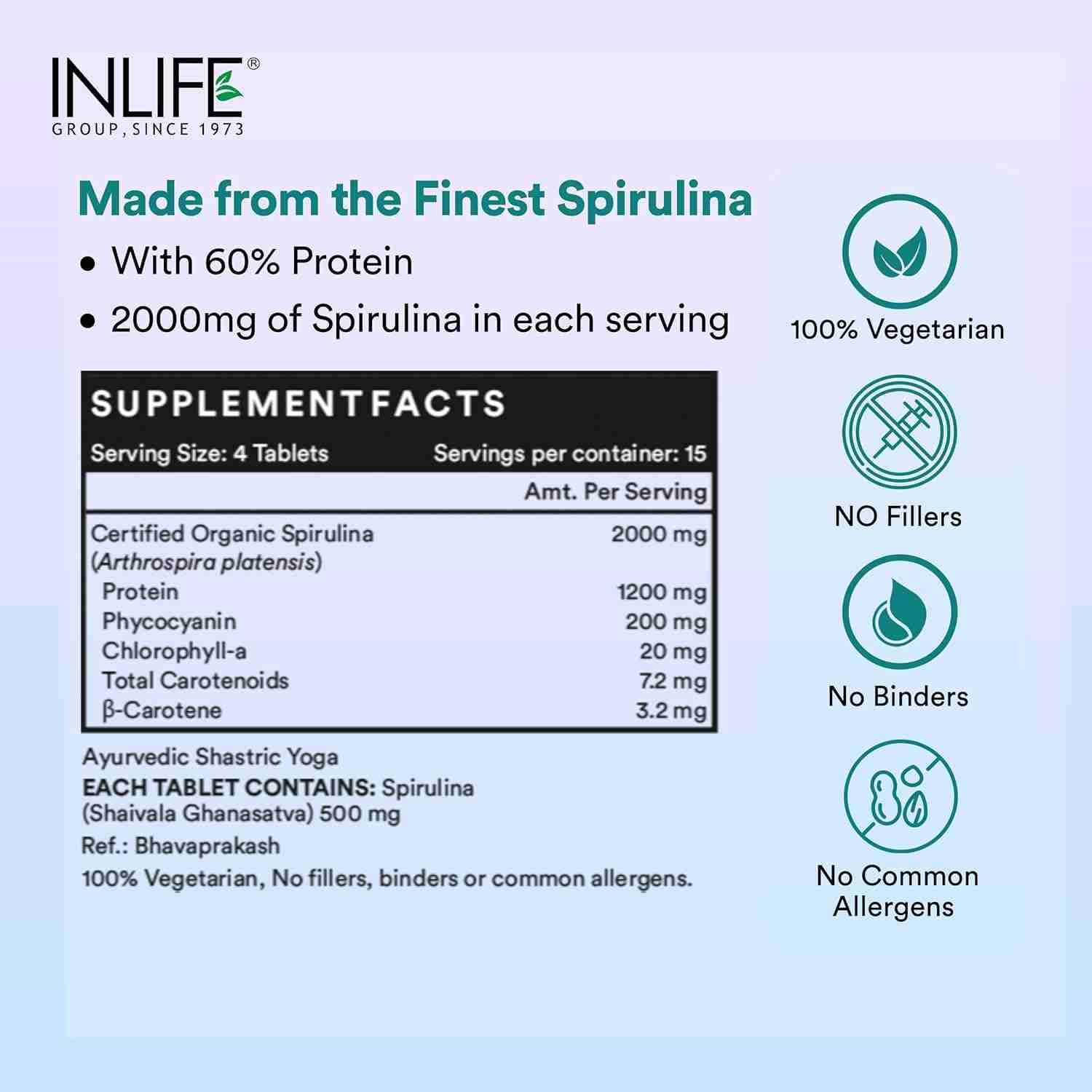 Inlife | Spirulina Tablet 2000 mg | Green Superfood Supplement | Nutritional Supplement Protein Fiber Antioxidants | 60 Tab