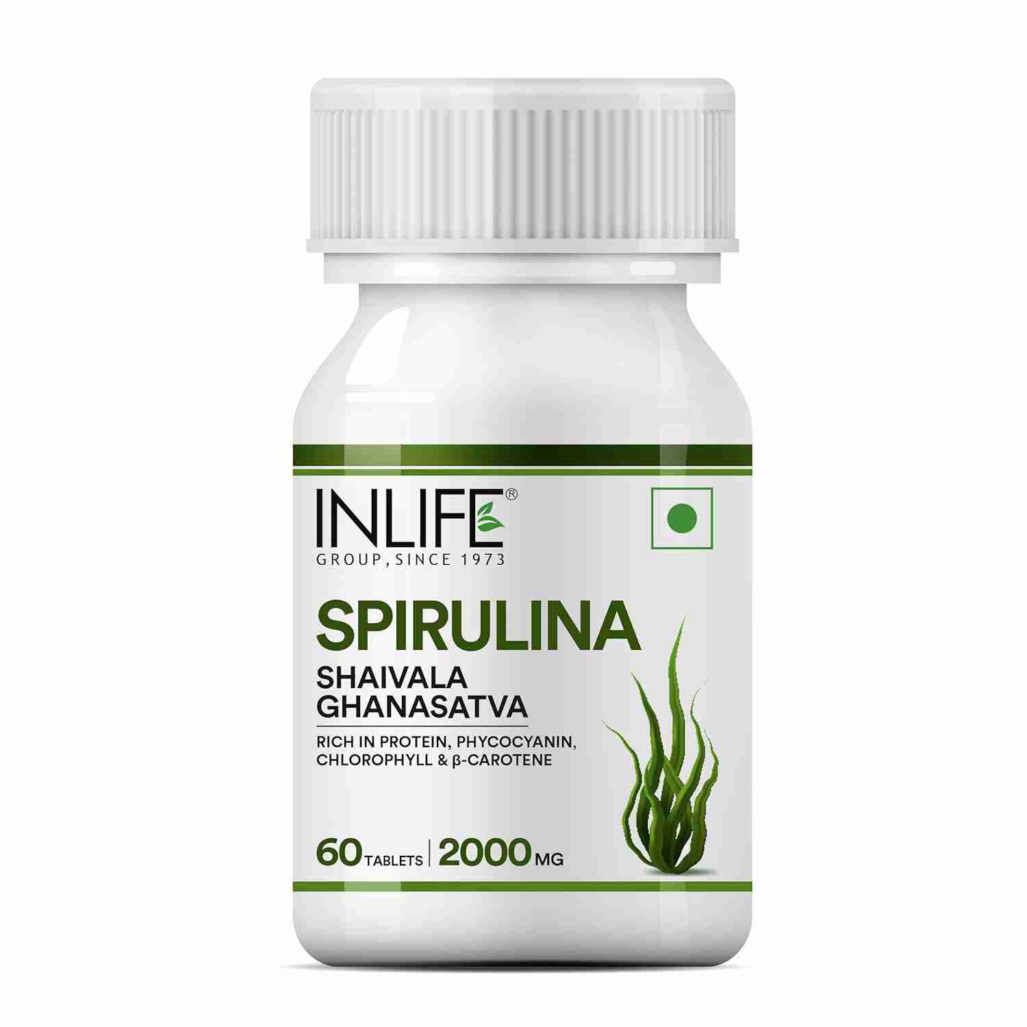 Inlife | Spirulina Tablet 2000 mg | Green Superfood Supplement | Nutritional Supplement Protein Fiber Antioxidants | 60 Tab