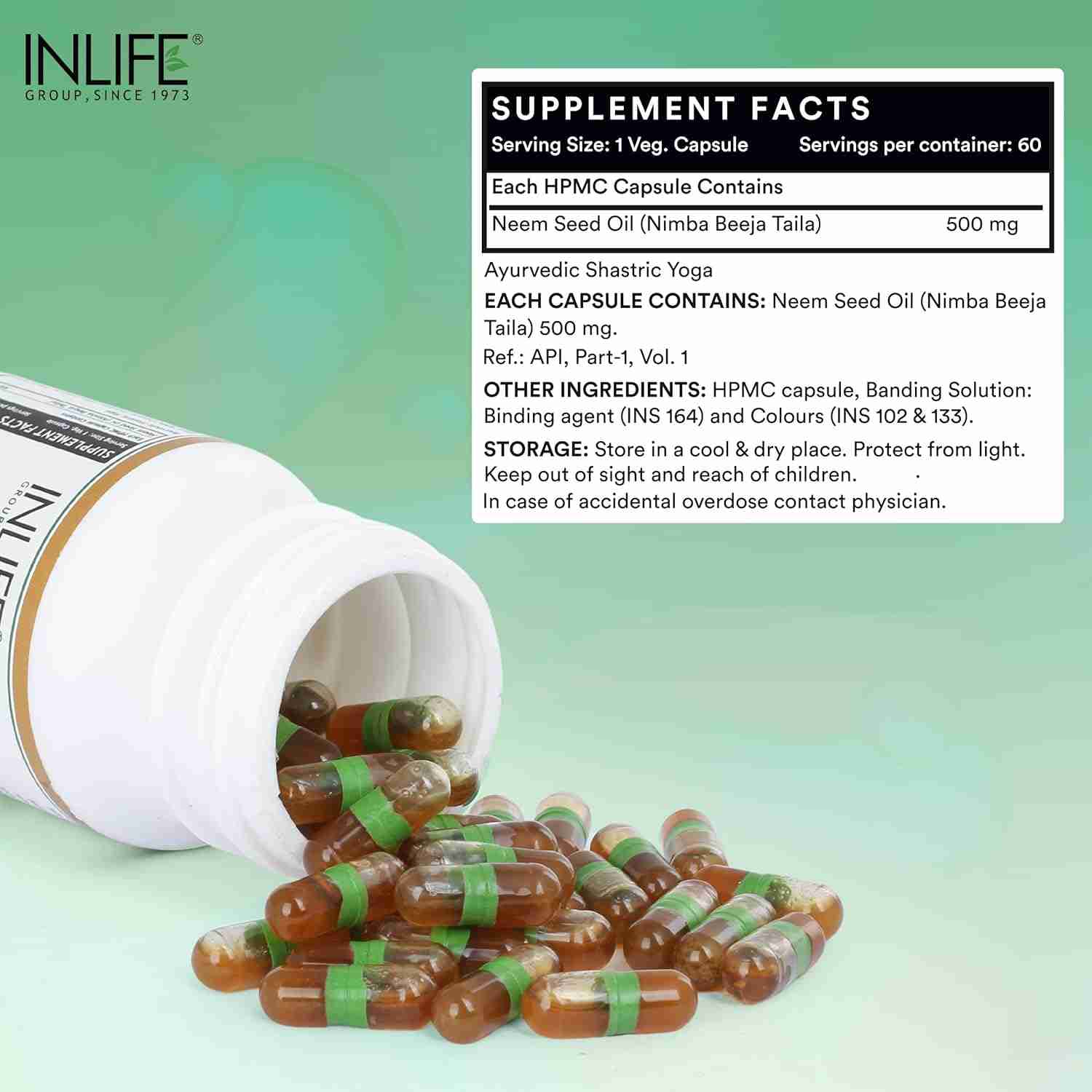 Inlife | Neem Seed Oil Capsules | Rich in Antioxidants | Health Supplement for Men Women, 500mg | 60 Liquid Filled Veg Cap