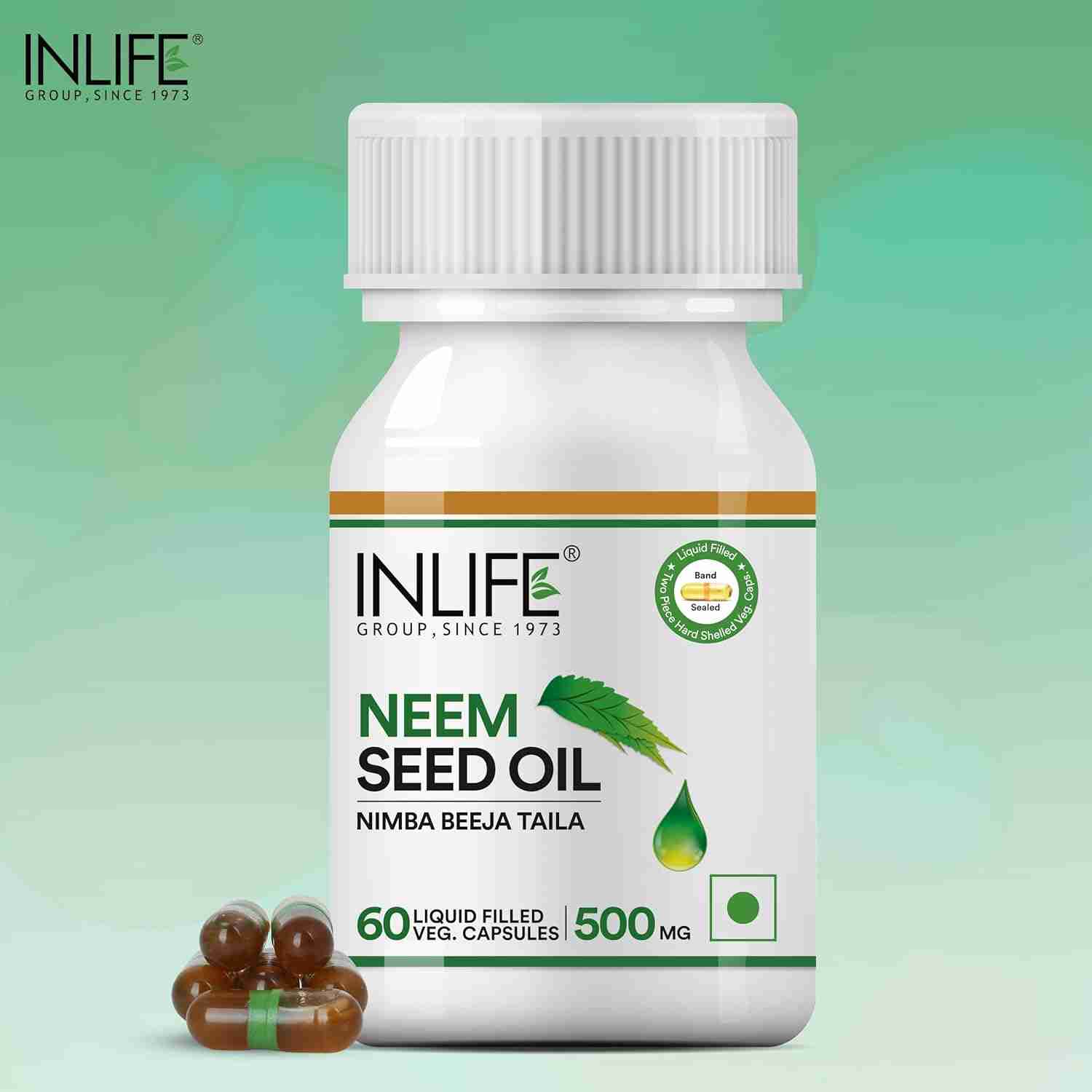 Inlife | Neem Seed Oil Capsules | Rich in Antioxidants | Health Supplement for Men Women, 500mg | 60 Liquid Filled Veg Cap