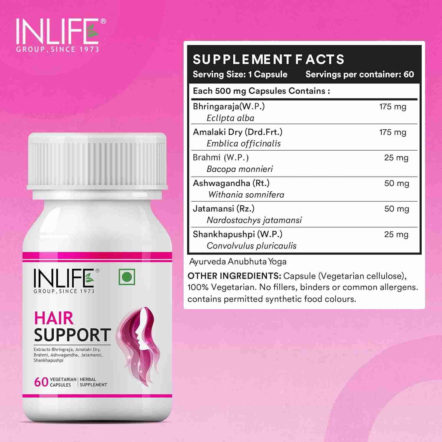 Inlife | Hair Support Supplement, Bhringraj, Brahmi, Ashwagandha and other Ayurvedic Herbs 500 mg | 60 Veg Cap