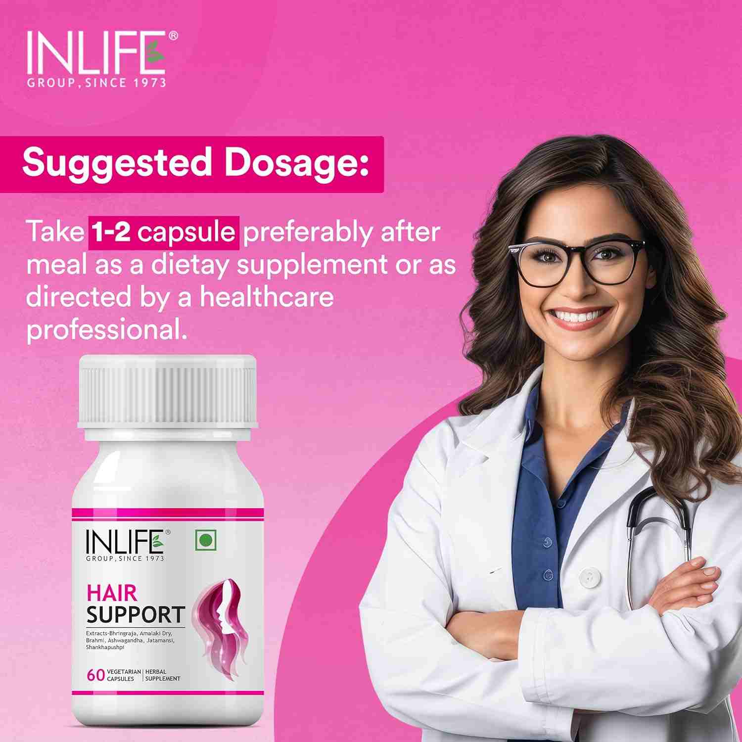 Inlife | Hair Support Supplement, Bhringraj, Brahmi, Ashwagandha and other Ayurvedic Herbs 500 mg | 60 Veg Cap