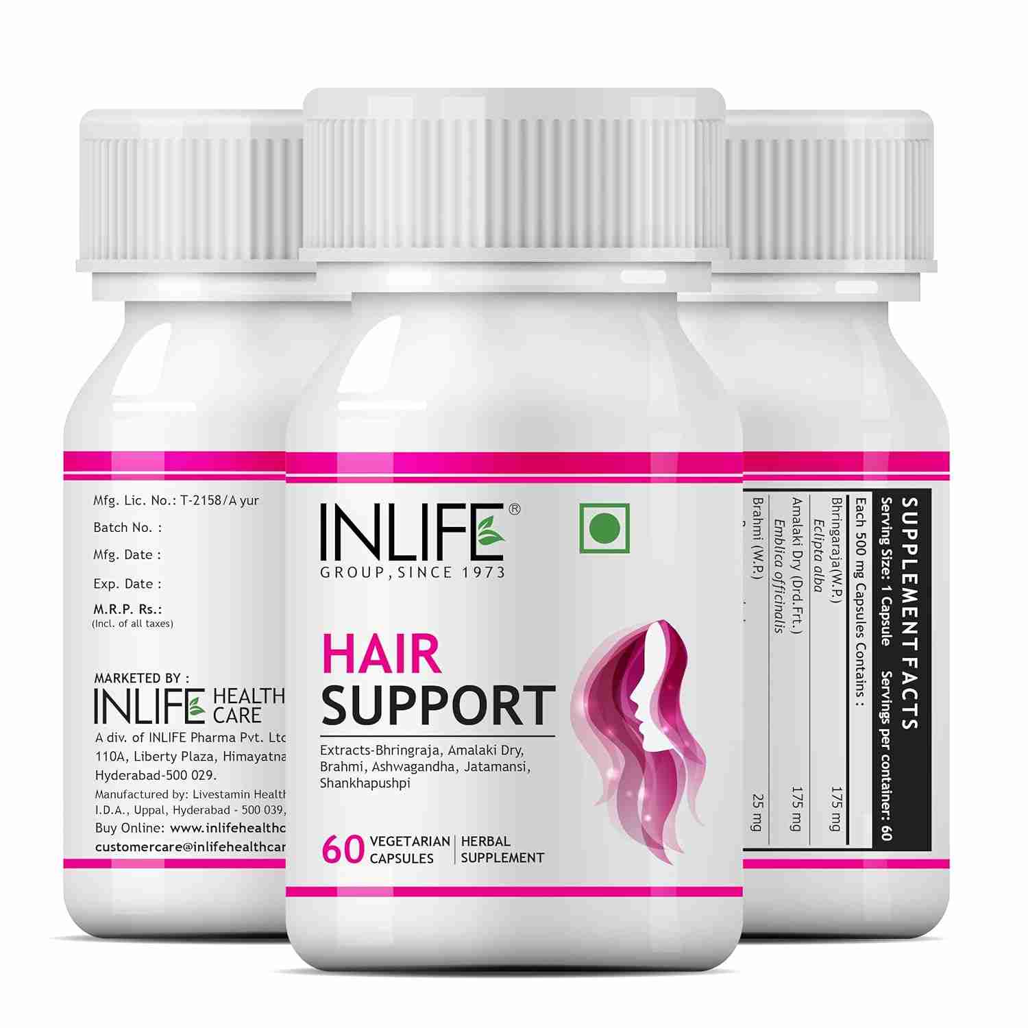 Inlife | Hair Support Supplement, Bhringraj, Brahmi, Ashwagandha and other Ayurvedic Herbs 500 mg | 60 Veg Cap