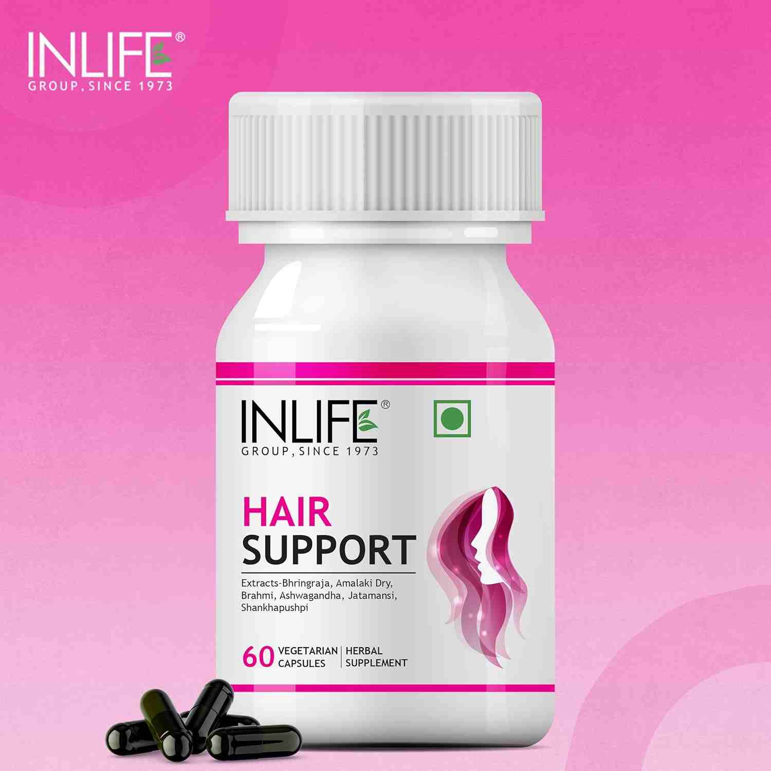 Inlife | Hair Support Supplement, Bhringraj, Brahmi, Ashwagandha and other Ayurvedic Herbs 500 mg | 60 Veg Cap