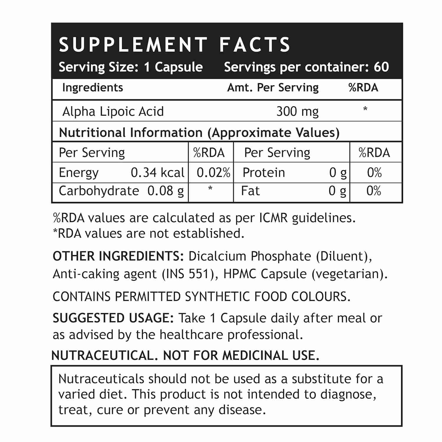 Inlife | Alpha Lipoic Acid 300mg | ALA Supplement | 60 Veg Cap (Pack of 1, 60)