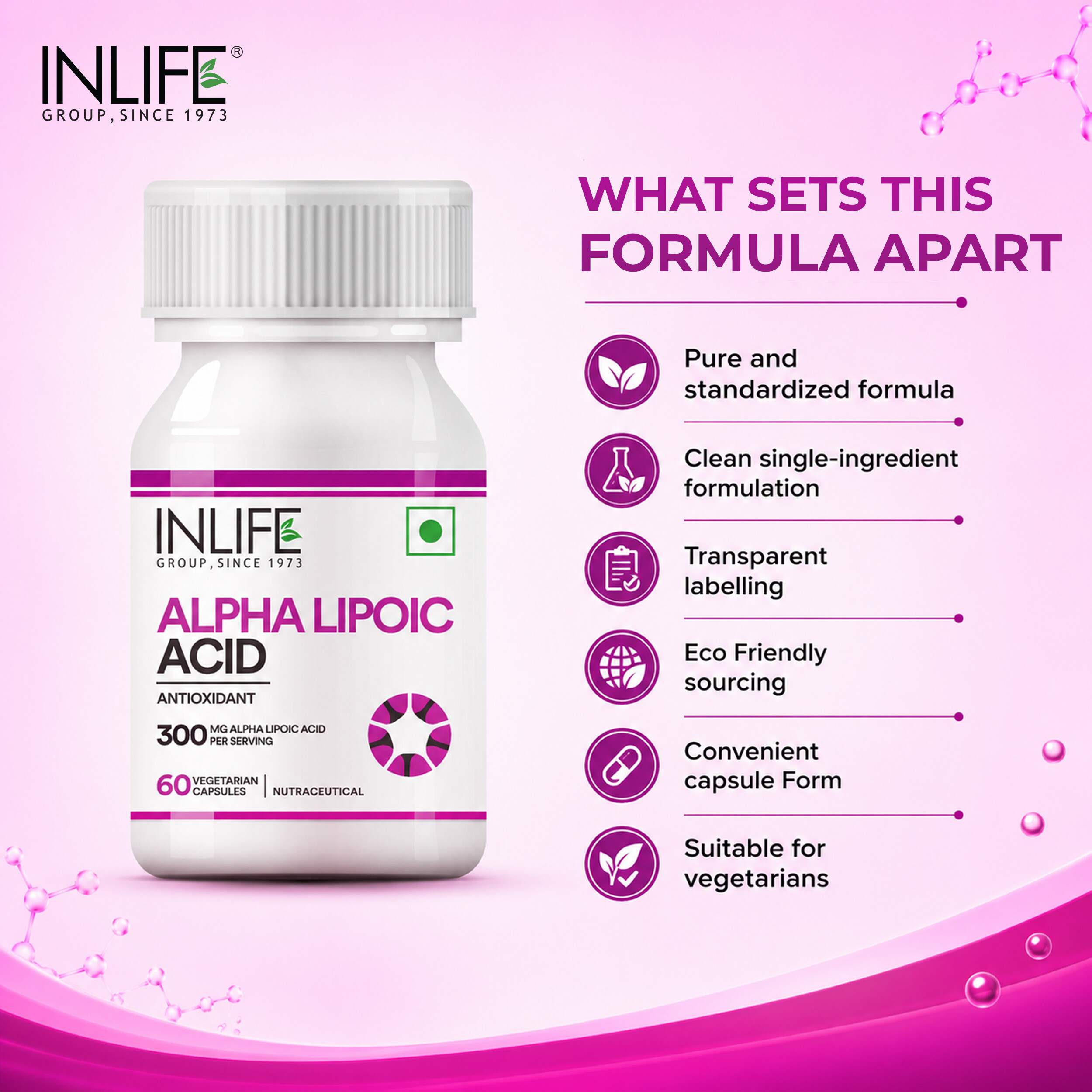 Inlife | Alpha Lipoic Acid ALA 300mg | Universal Antioxidant Supplement | Nerve Health & Energy Support | Men Women | 60 Veg Cap