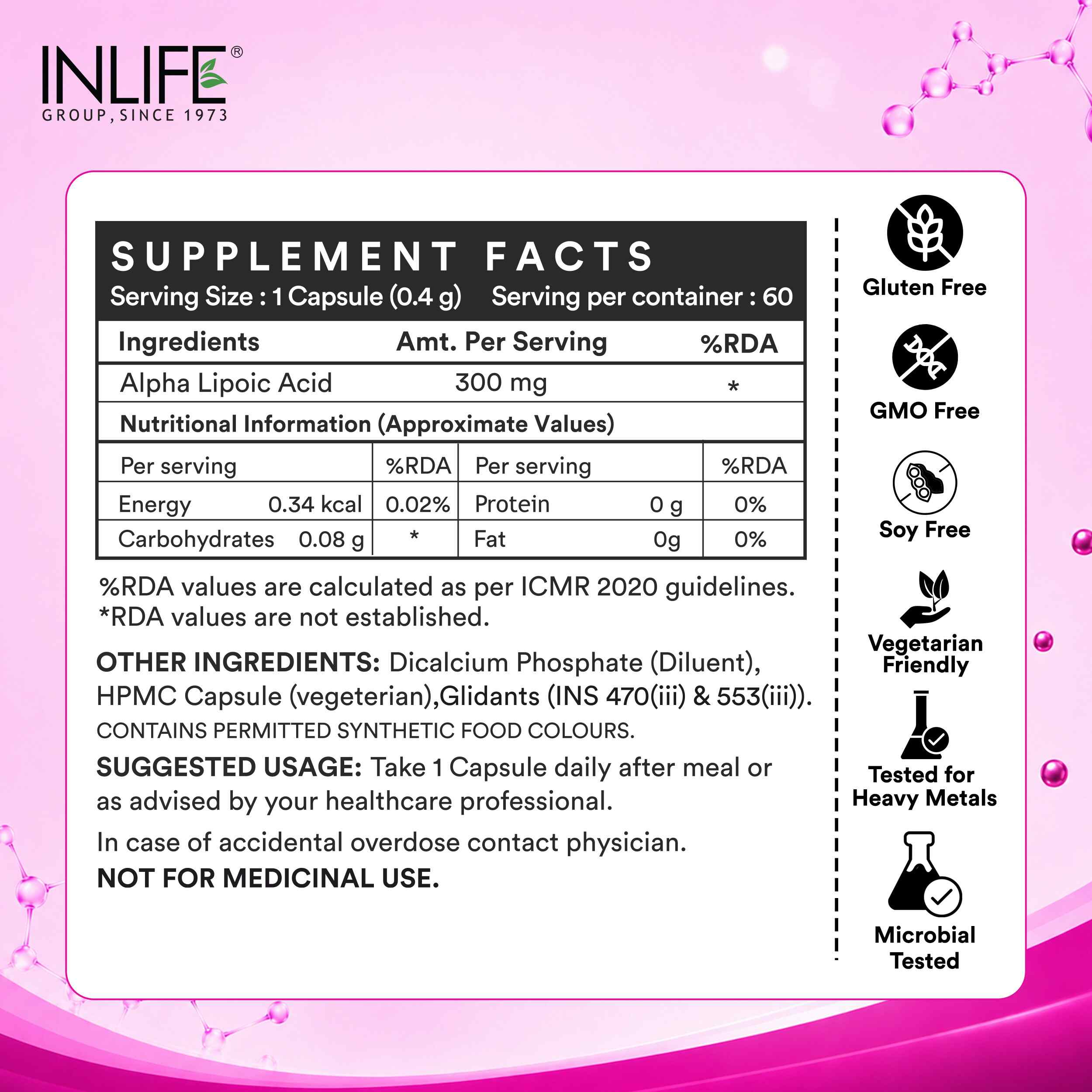 Inlife | Alpha Lipoic Acid ALA 300mg | Universal Antioxidant Supplement | Nerve Health & Energy Support | Men Women | 60 Veg Cap