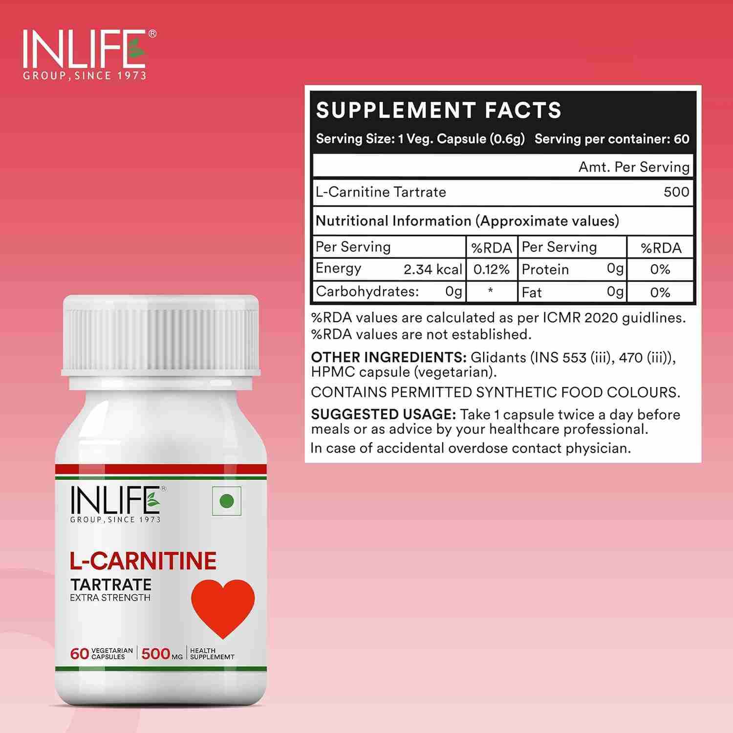 Inlife | L|Carnitine L|Tartrate Capsules 1000mg | Supplement for Men Women | 60 Veg Cap