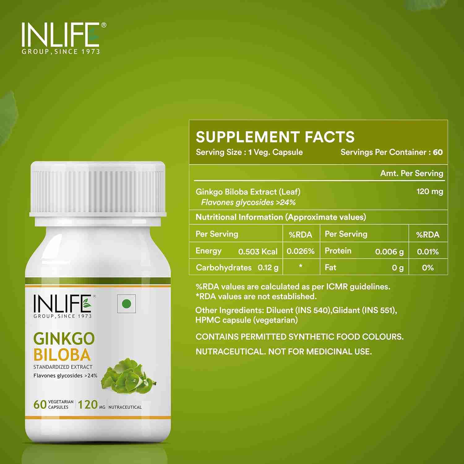 Inlife | Ginkgo Biloba Extract Capsules 120mg | Herbal Supplement | Memory Support | 60 Veg Cap