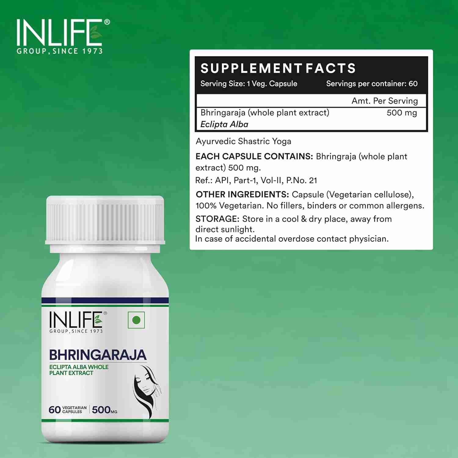 Inlife | Bhringraj Capsules for Hair | Supports Healthy Hair for Women & Men, 500mg | 60 Veg Cap
