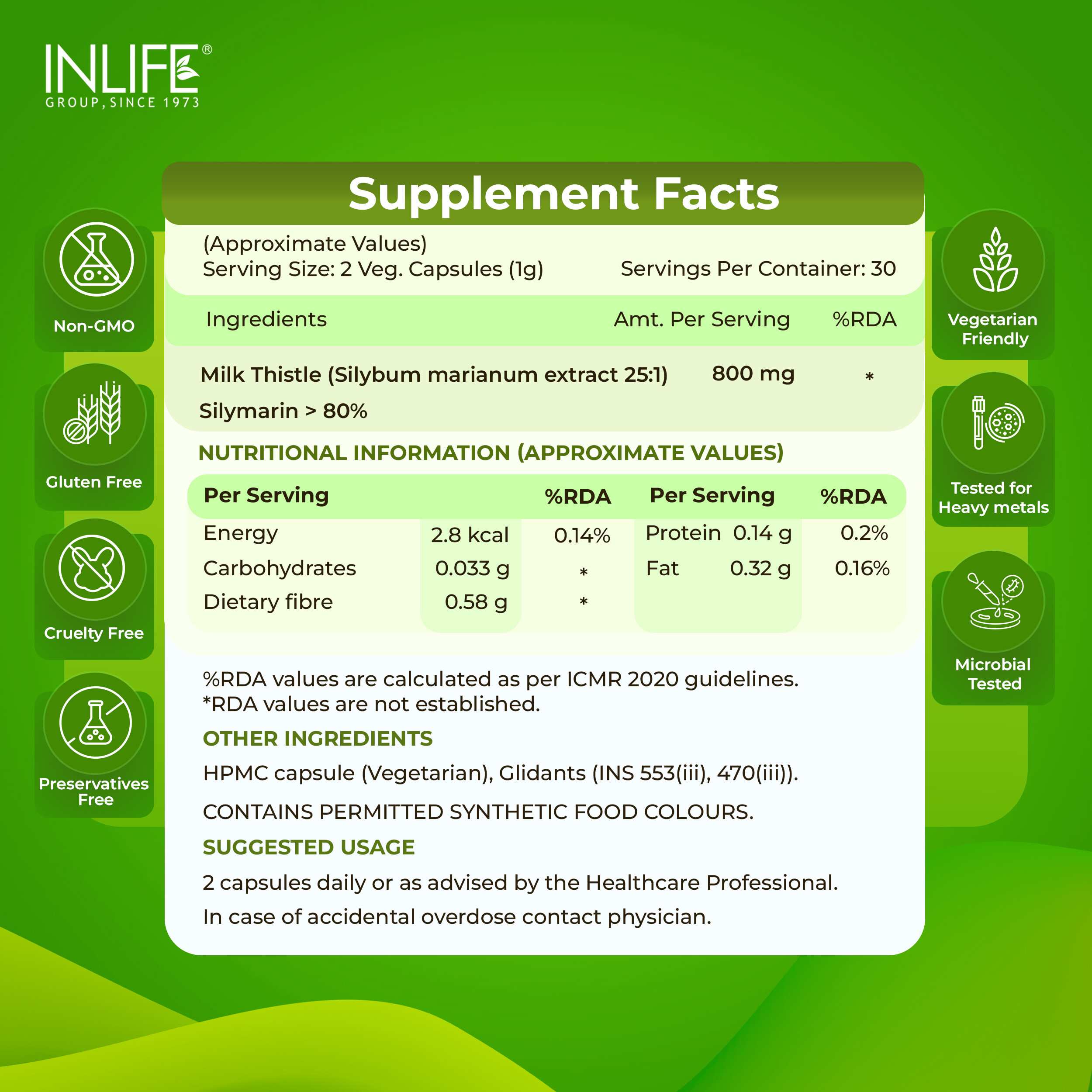 Inlife | Milk Thistle 800mg Silymarin | Silybum Marianum Extract 25:1 | Liver Health & Detox Function | Men Women | 60 Veg Cap
