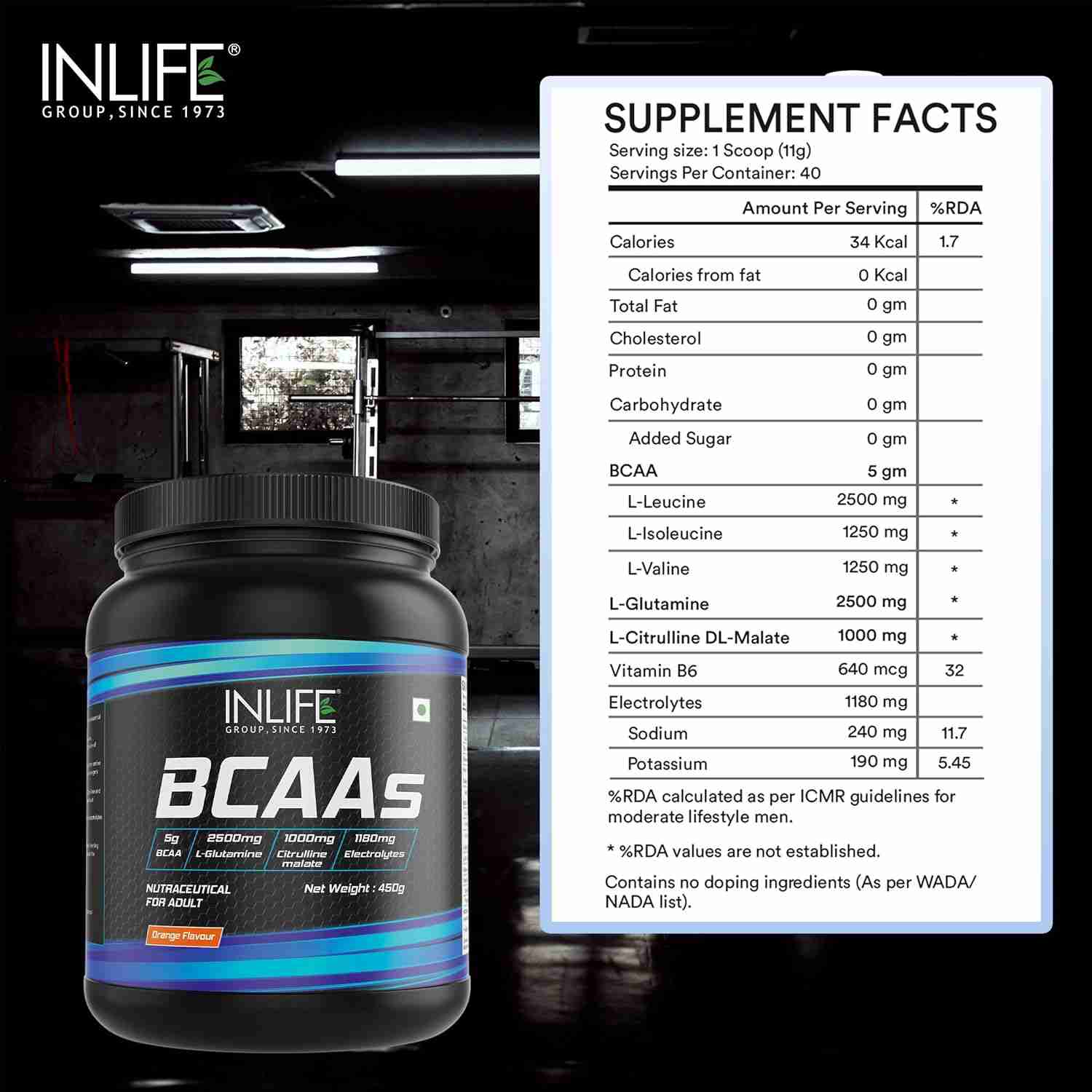 Inlife | BCAA Powder Supplement with Glutamine, Citrulline DL Malate, Vitamin B6 & Electrolytes | Orange | 450g