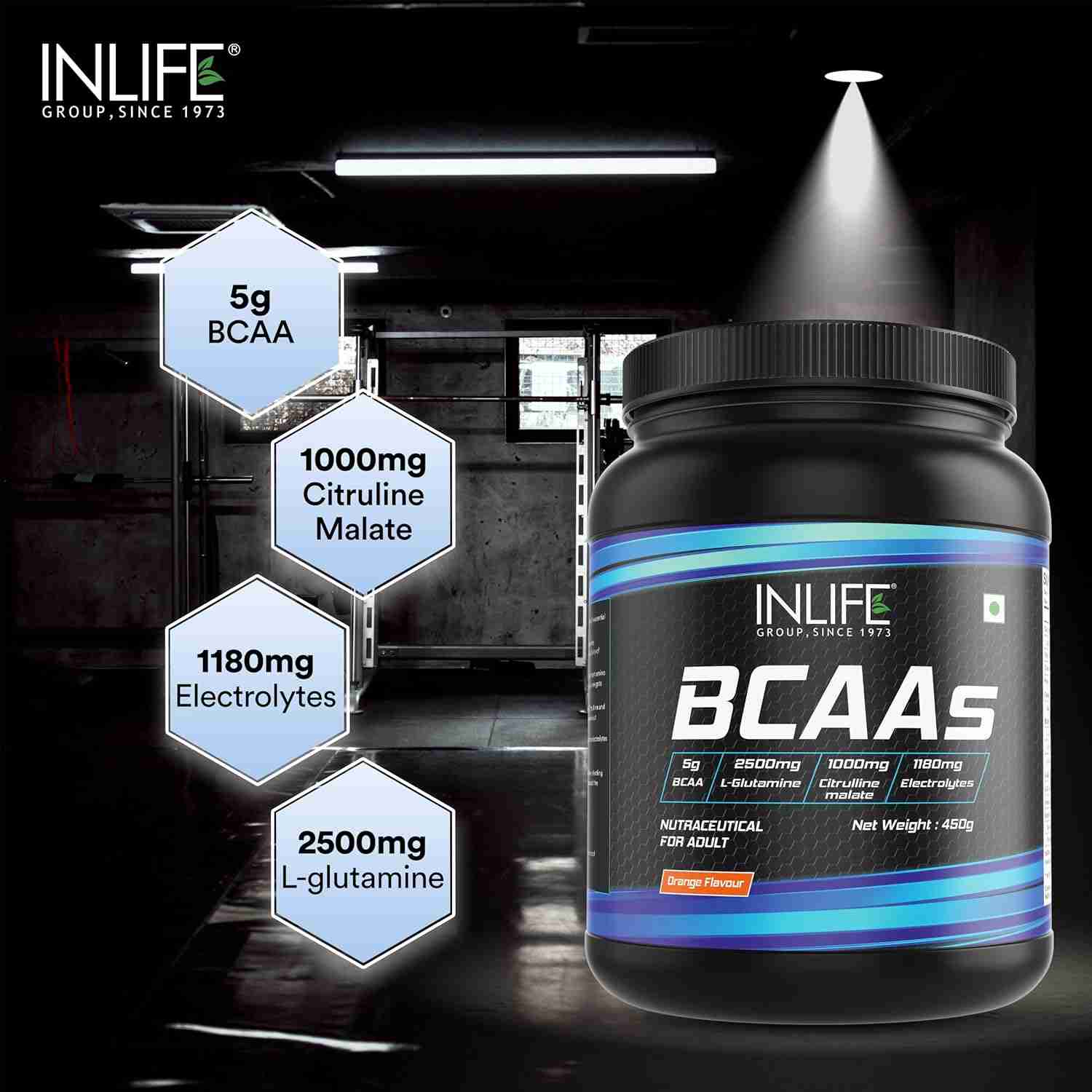 Inlife | BCAA Powder Supplement with Glutamine, Citrulline DL Malate, Vitamin B6 & Electrolytes | Orange | 450g