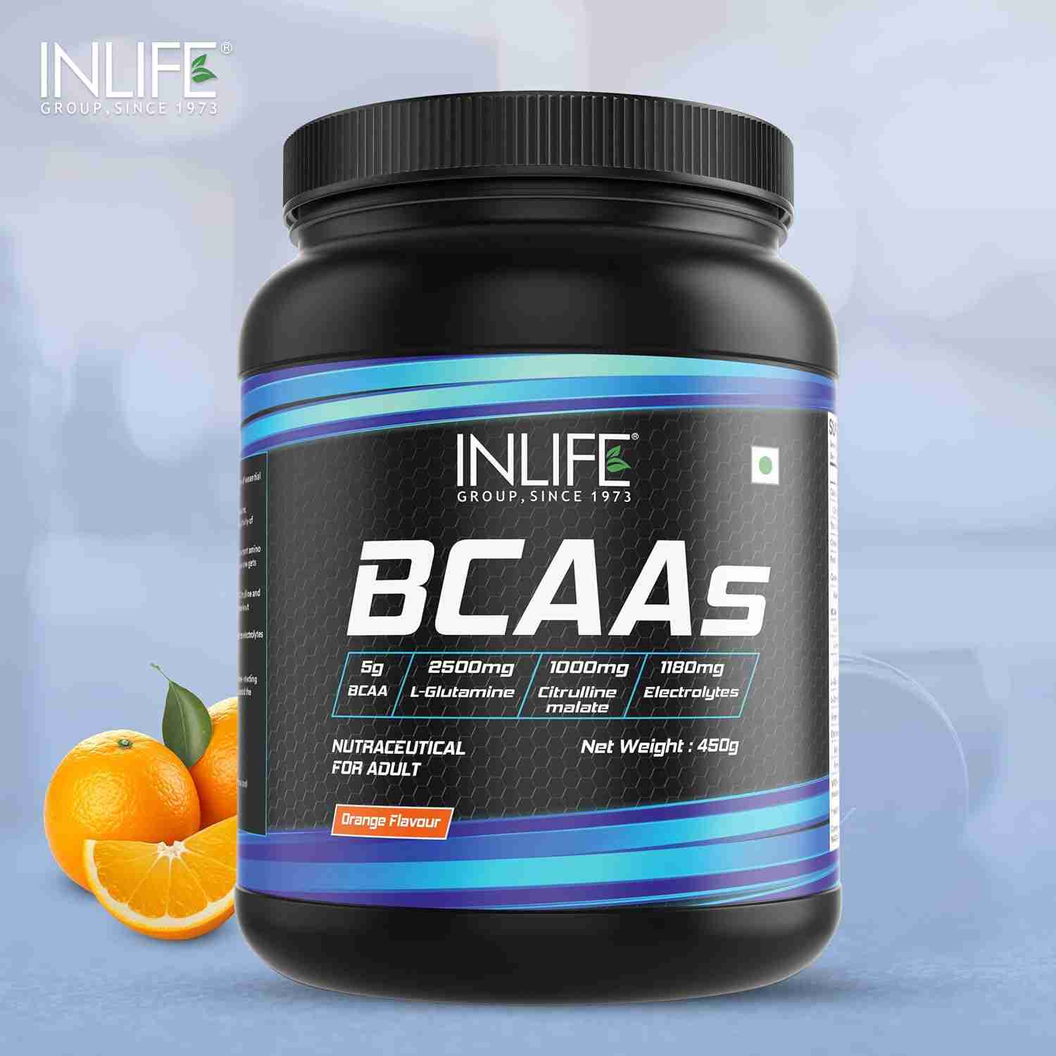 Inlife | BCAA Powder Supplement with Glutamine, Citrulline DL Malate, Vitamin B6 & Electrolytes | Orange | 450g