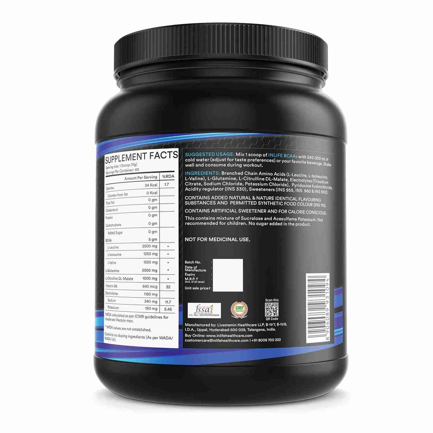 Inlife | BCAA Powder Supplement with Glutamine, Citrulline DL Malate, Vitamin B6 & Electrolytes | Orange | 450g