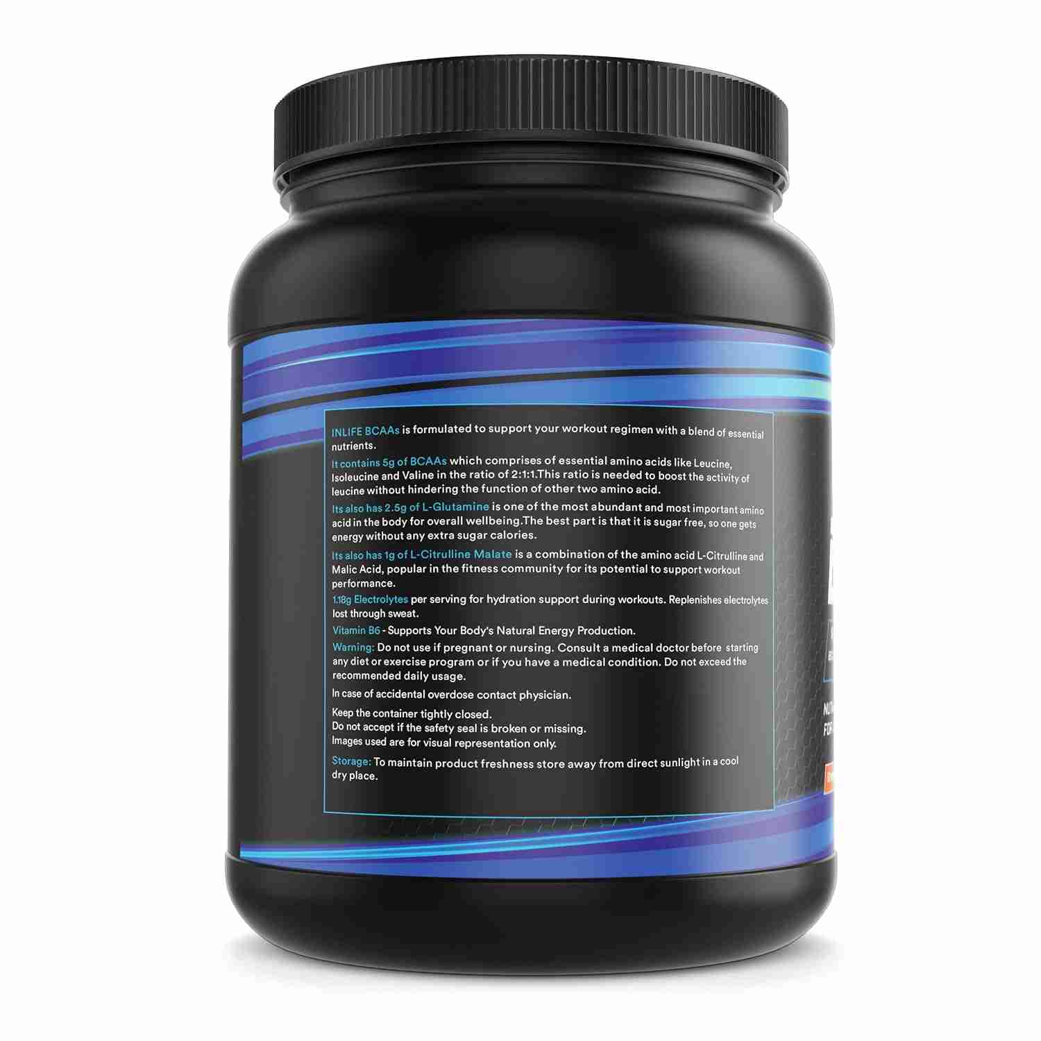 Inlife | BCAA Powder Supplement with Glutamine, Citrulline DL Malate, Vitamin B6 & Electrolytes | Orange | 450g