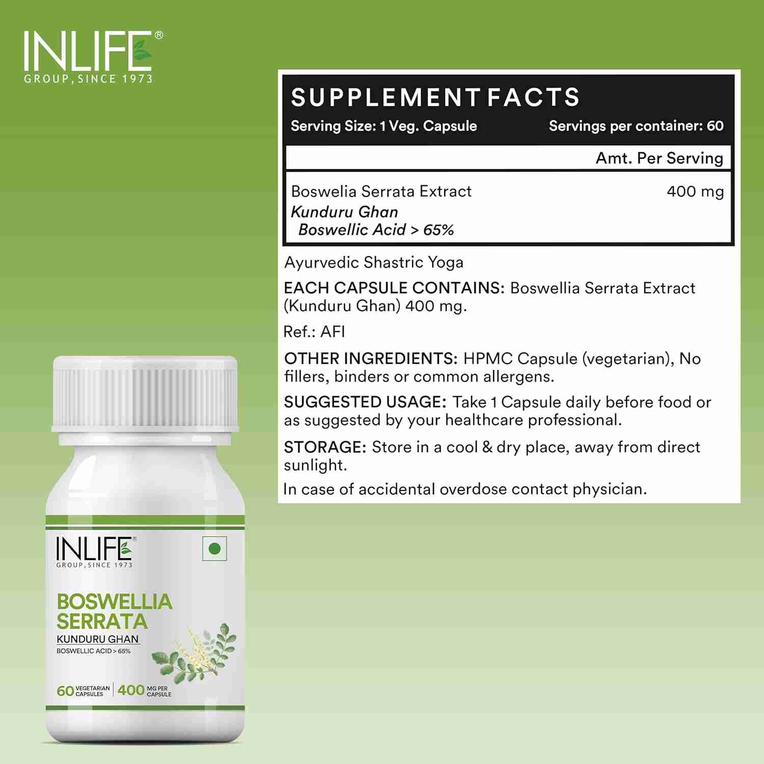 Inlife | Boswellia Serrata Extract (Boswellic Acids > 65%) Joint Supplement, 400 mg | 60 Veg Cap