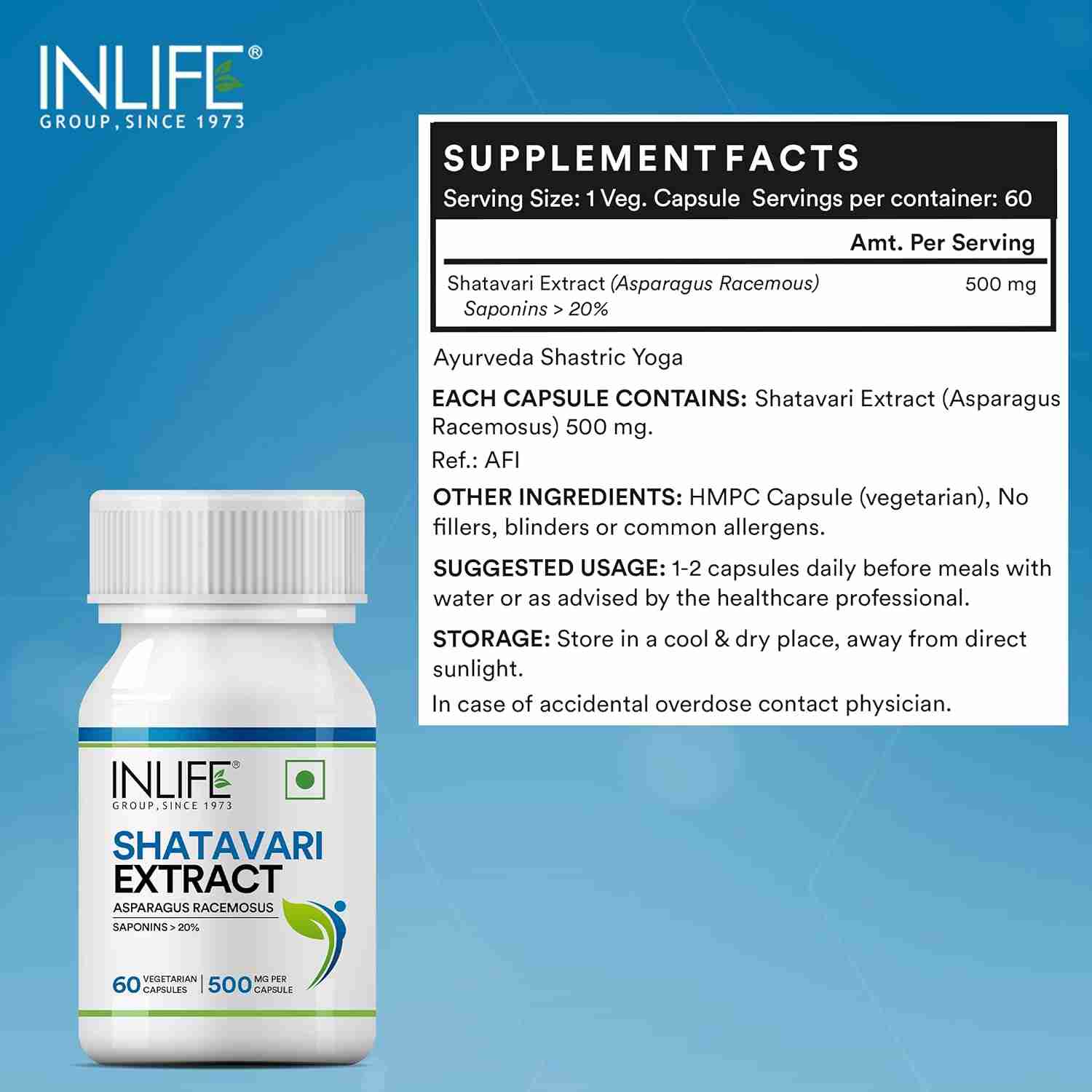 Inlife | Shatavari Capsule for Women 500mg | Saponins > 20% | Herbal Supplement | 60 Veg Cap