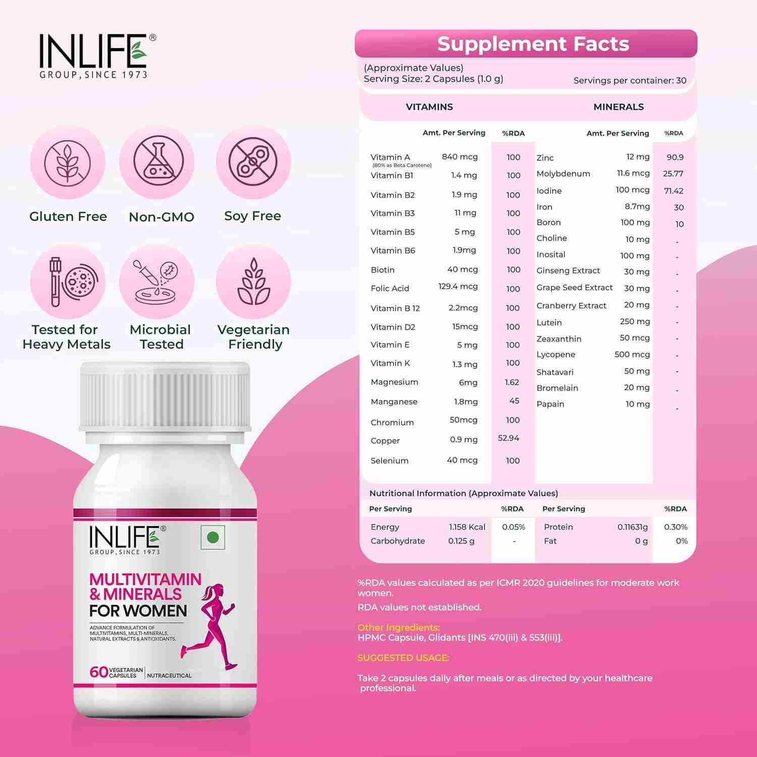 Inlife | Multivitamin for Women with Biotin, Vitamin D, Calcium, & Minerals for Energy, Hair, Skin, Nails, Bone | 60 Veg Capsules (Women)