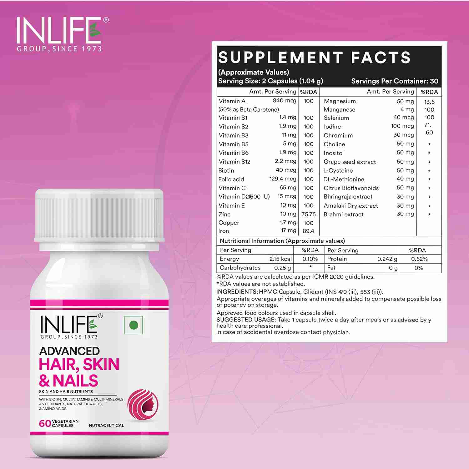 Inlife | Biotin Advanced Hair Skin & Nails Supplement with Multivitamin Minerals Amino Acids for Hair Care | 60 Veg Cap