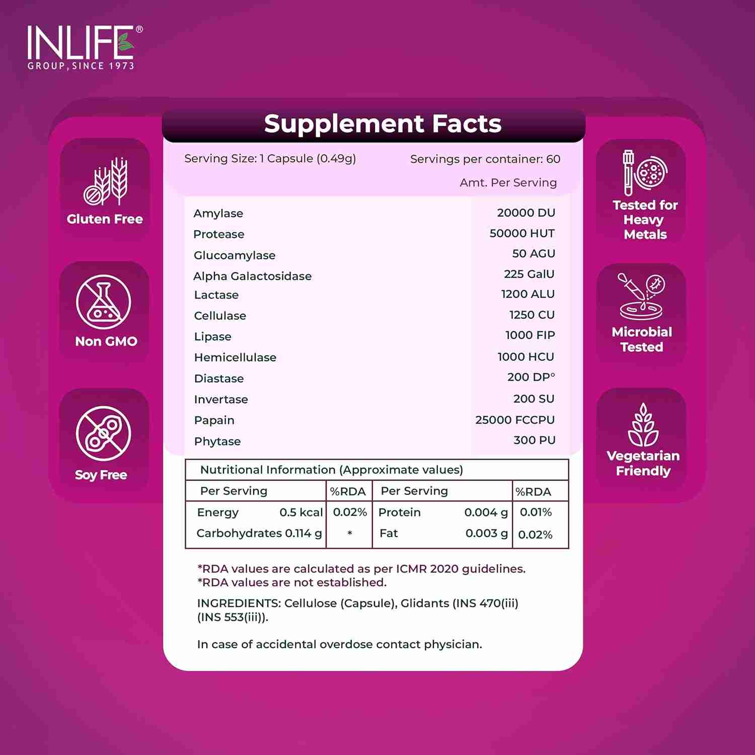 Inlife | Digestive Enzymes Supplement | Contains 12 Naturally Sourced & Essential Enzymes | Supports Healthy Digestion | 60 Veg Cap (Pack of 1, 60)