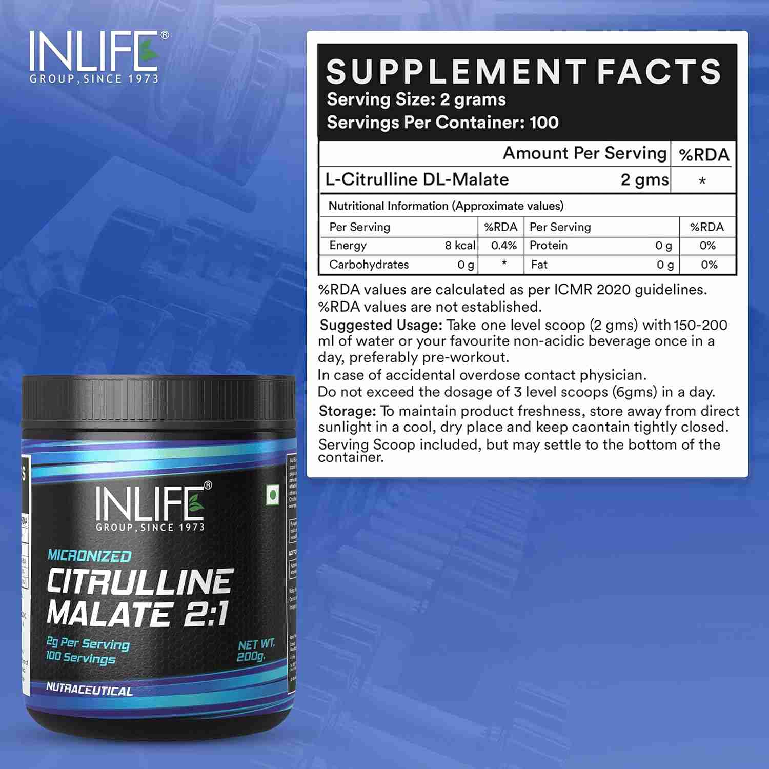 Inlife | L Citrulline Powder 2000mg | Boosts Nitric Oxide, Pre Workout Supplements for Men & Women | Unflavoured | 100 SERVINGS | 200g