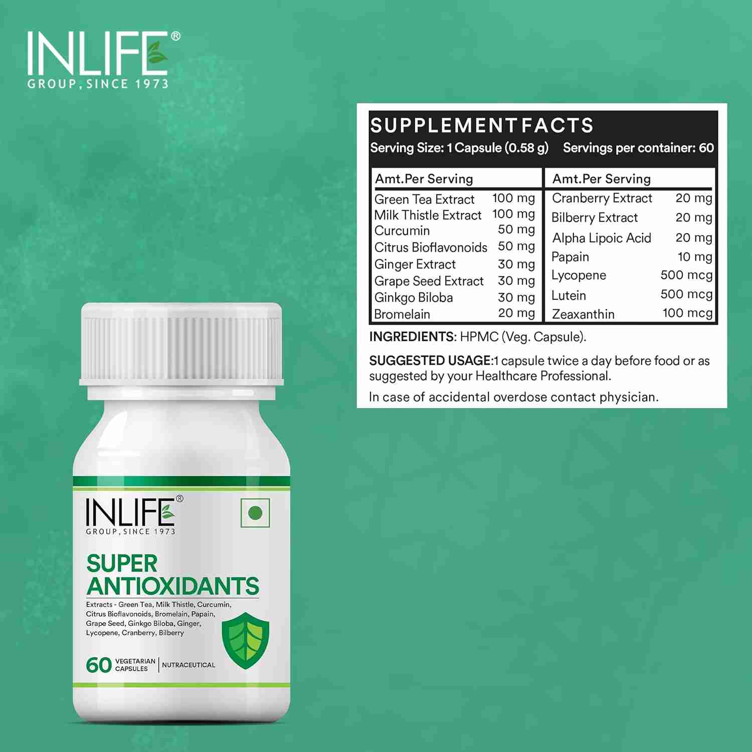 Inlife | Super Antioxidant Supplement | Milk Thistle, Curcumin, Ginkgo Biloba, Cranberry and more | 60 Veg Cap (Pack of 1)