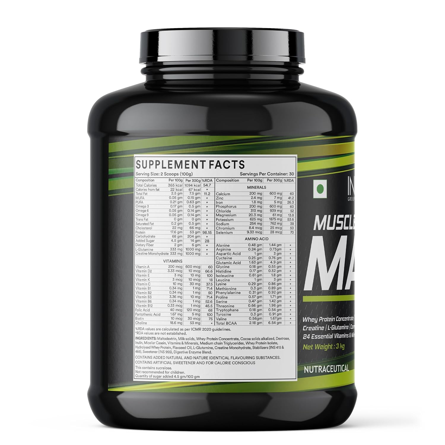 Inlife | Muscle Mass Gainer With Whey Protein Powder Body Building Supplement (Chocolate 3 kg)
