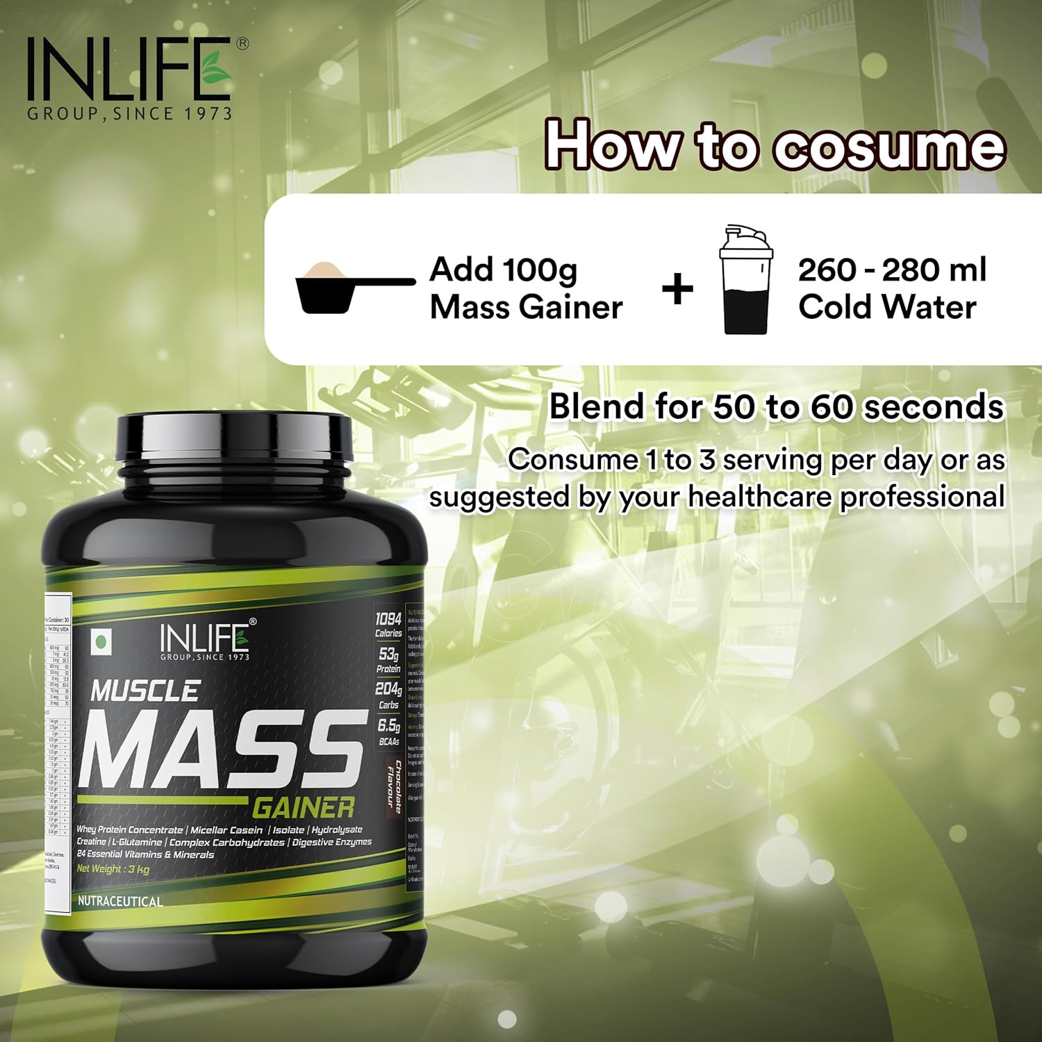 Inlife | Muscle Mass Gainer With Whey Protein Powder Body Building Supplement (Chocolate 3 kg)