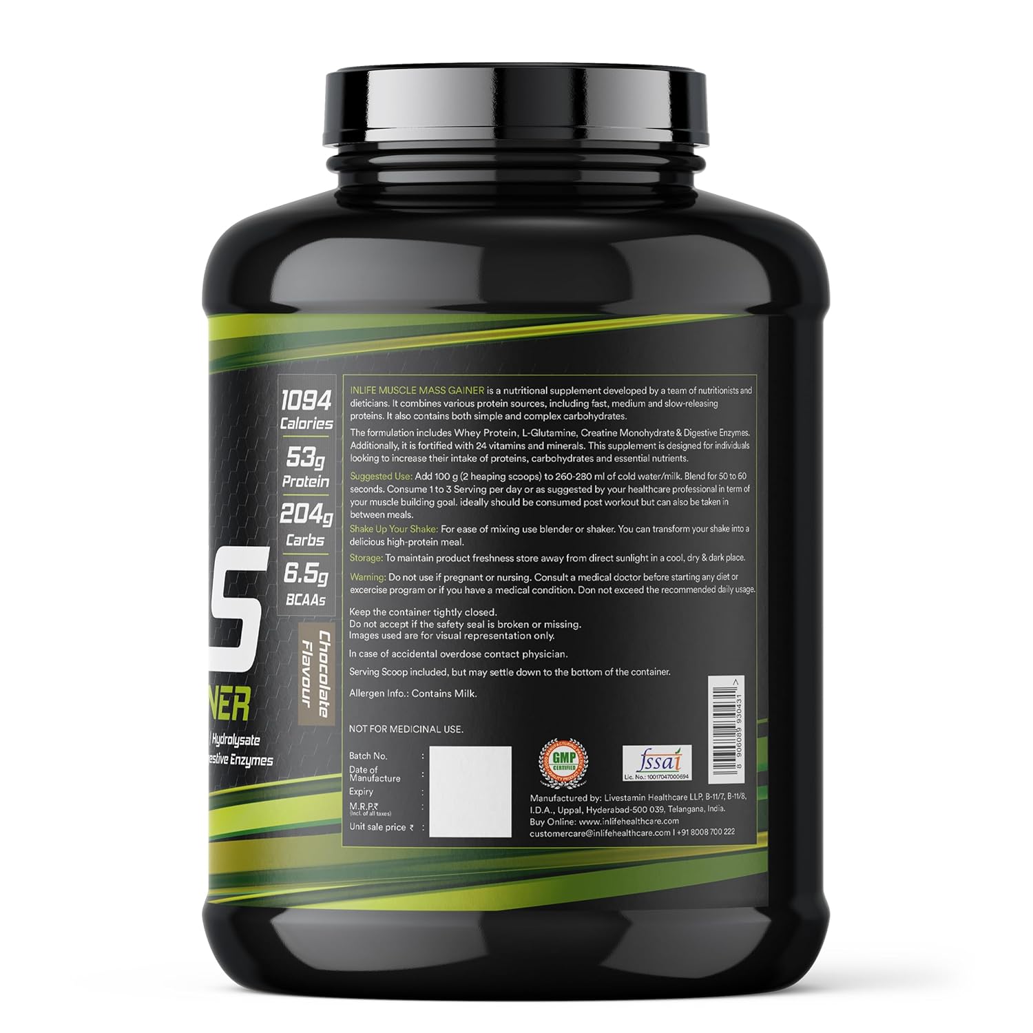 Inlife | Muscle Mass Gainer With Whey Protein Powder Body Building Supplement (Chocolate 3 kg)