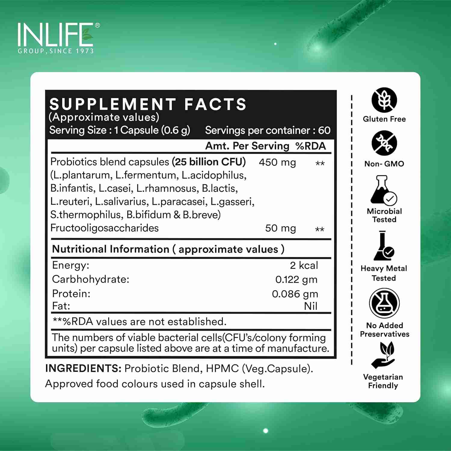 Inlife | Prebiotic and Probiotics Forte Supplement for Men & Women 25 billion CFU with 14 Strains | Digestion Gut & Immunity Health Supplement | 60 Veg Cap