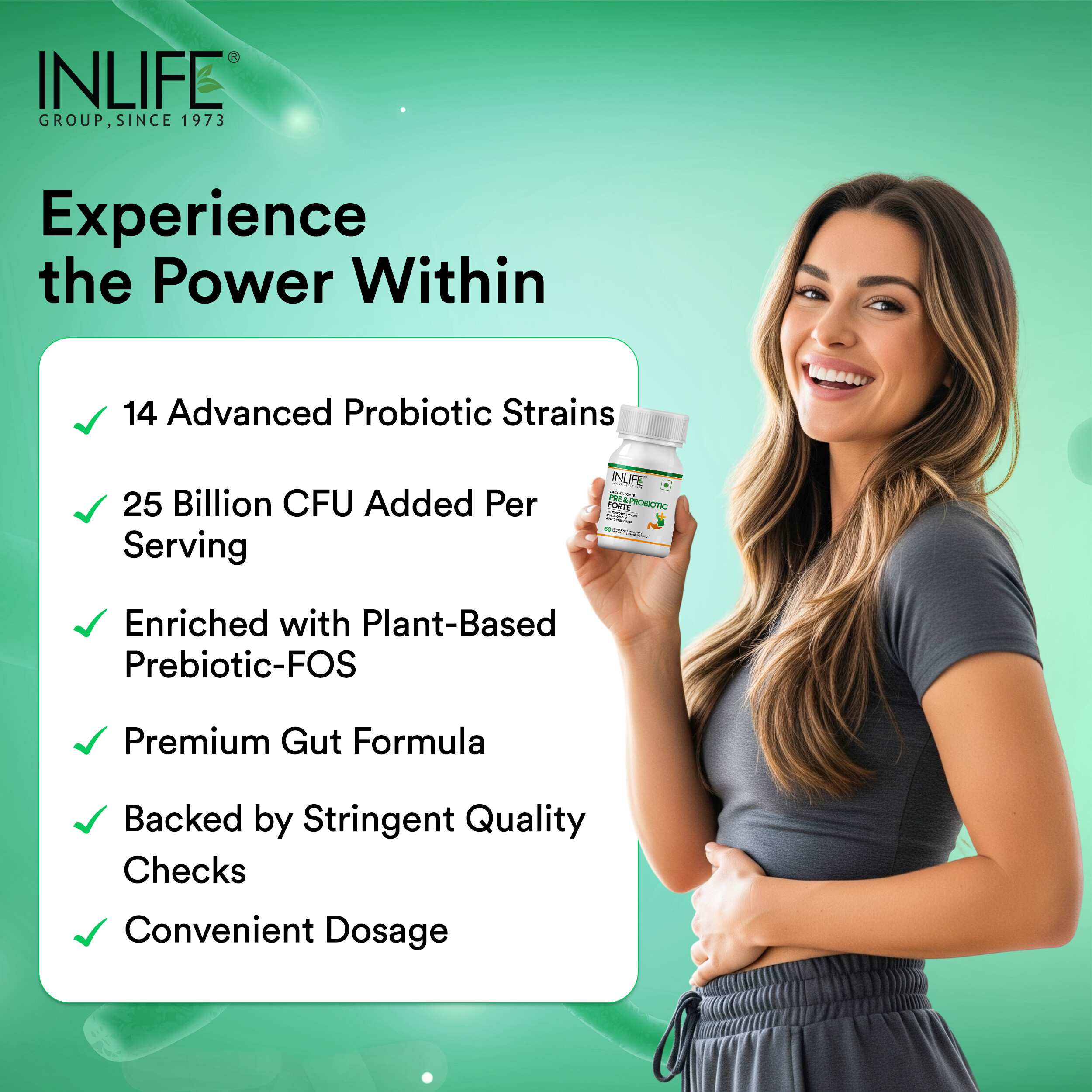 Inlife | Prebiotic & Probiotic Forte 25 Billion CFU | 14 Strains with Lactobacillus Reuteri | Gut Digestive & Immune Health | Men Women | 60 Veg Cap