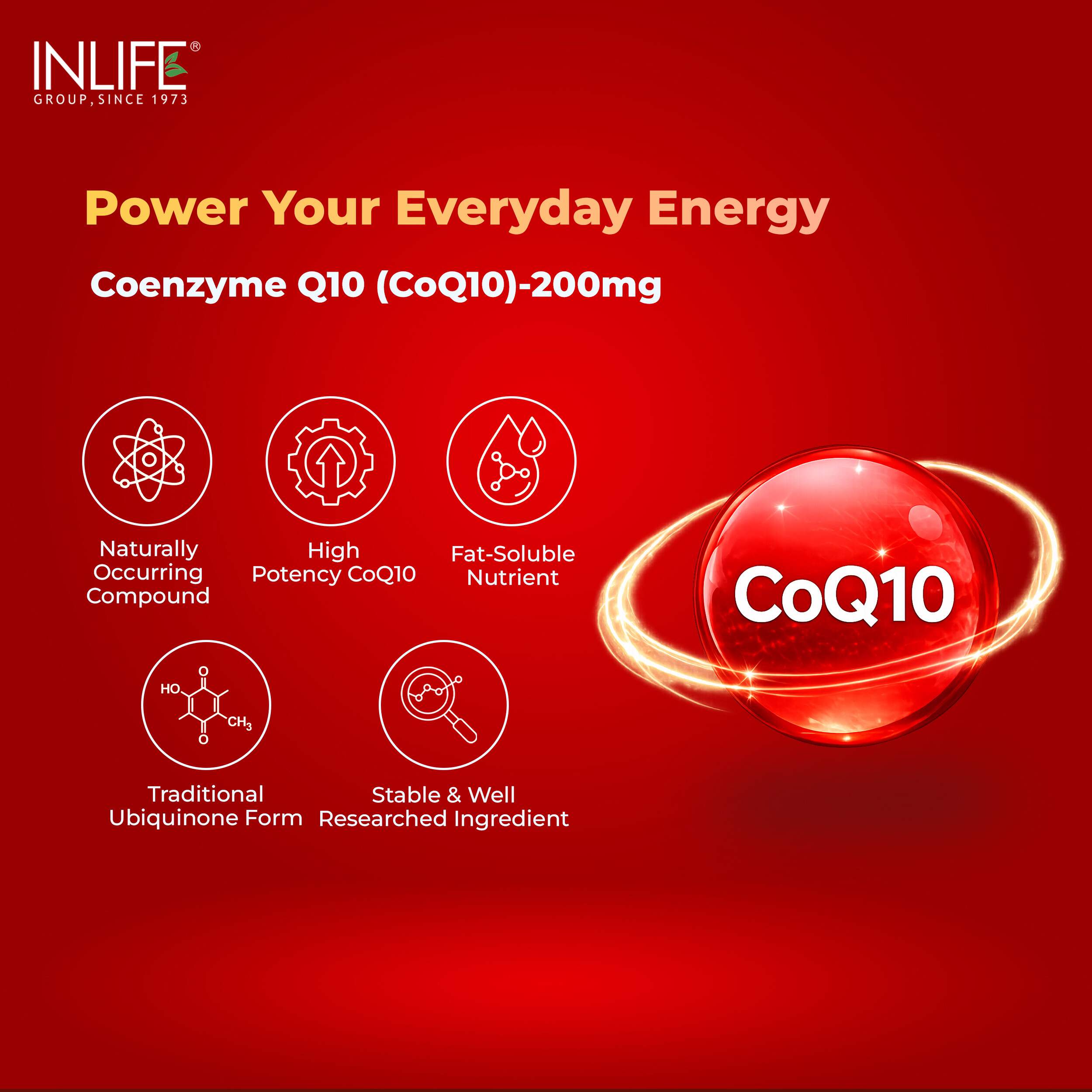 Inlife | Coenzyme Q10 CoQ10 200mg with Piperine Bioperine 8mg | Ubiquinone | Heart Health & Cellular Energy Support | 60 Veg Cap