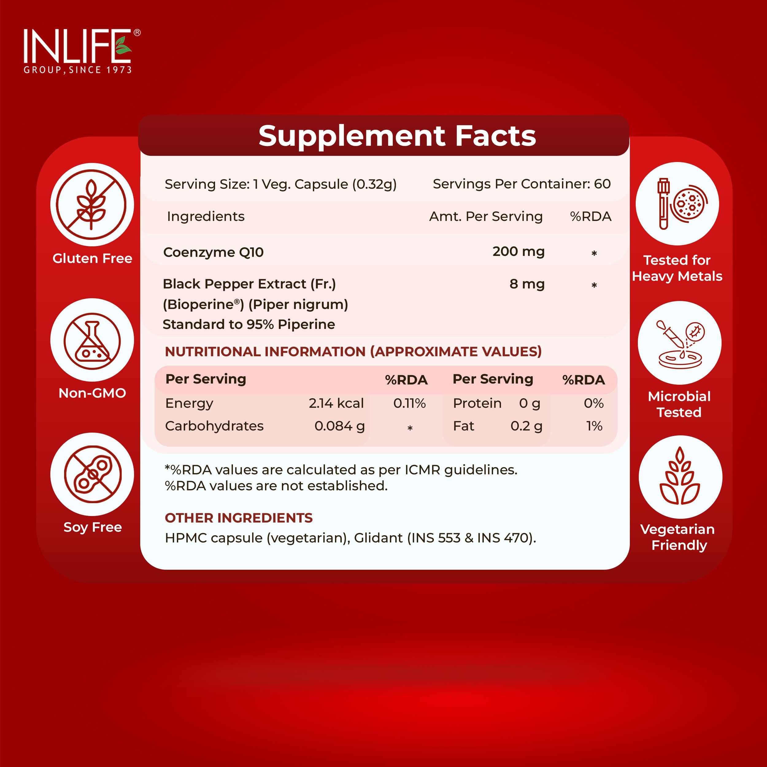 Inlife | Coenzyme Q10 CoQ10 200mg with Piperine Bioperine 8mg | Ubiquinone | Heart Health & Cellular Energy Support | 60 Veg Cap