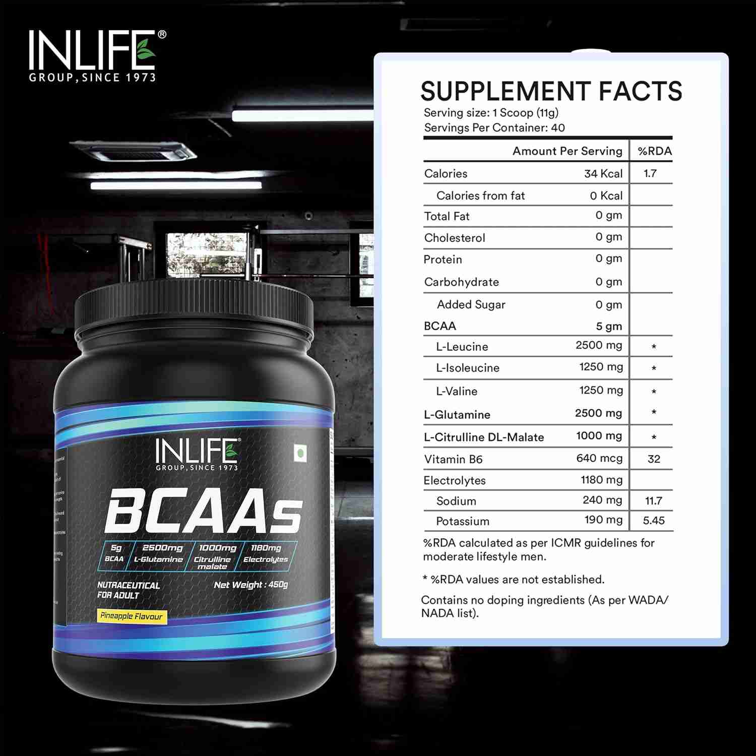 Inlife | BCAA Powder Supplement with Glutamine, Citrulline DL Malate, Vitamin B6 & Electrolytes | Amino Acids for Pre Post Intra Workout Energy Drinks for Athletes | Men & Women (Pineapple, 450g)