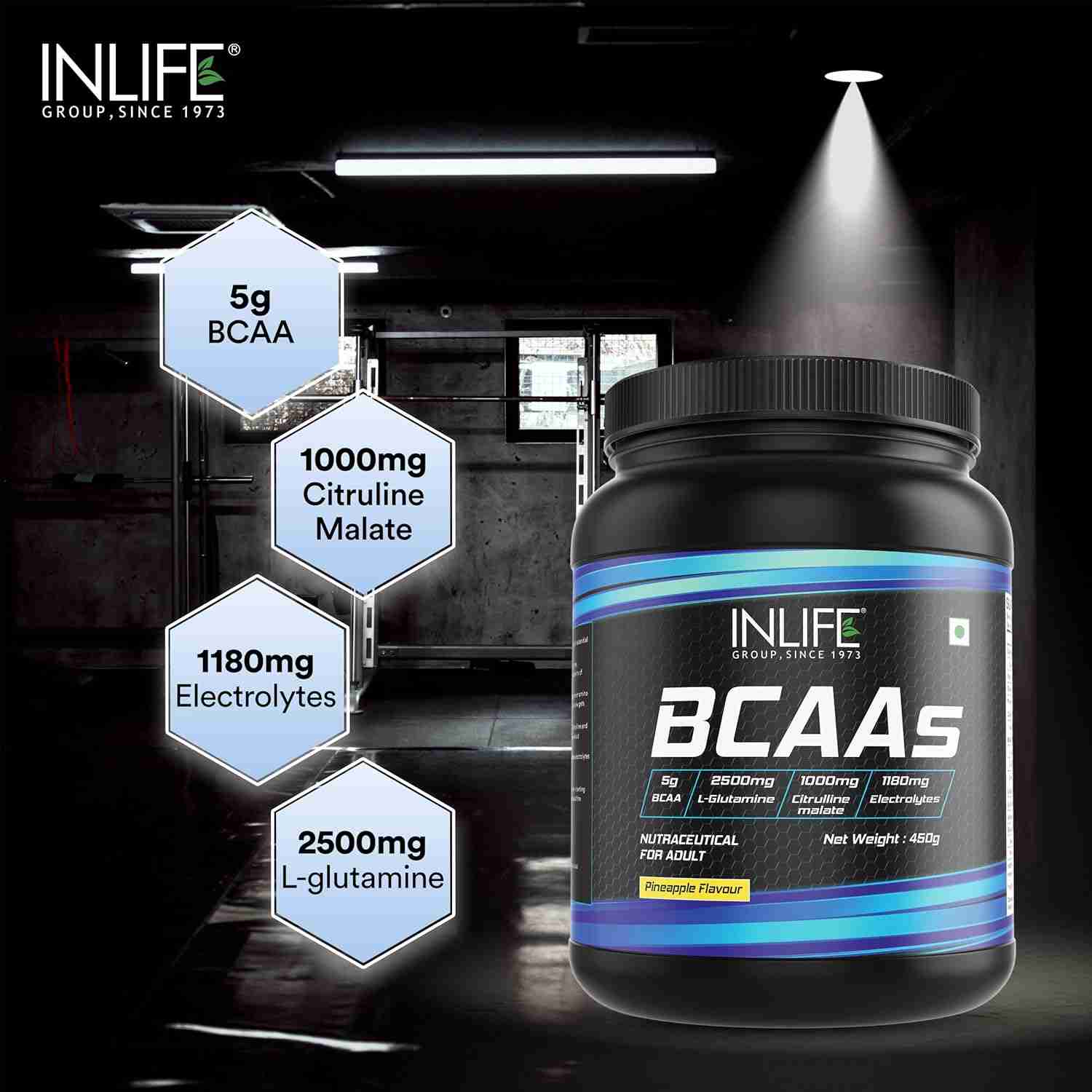 Inlife | BCAA Powder Supplement with Glutamine, Citrulline DL Malate, Vitamin B6 & Electrolytes | Amino Acids for Pre Post Intra Workout Energy Drinks for Athletes | Men & Women (Pineapple, 450g)