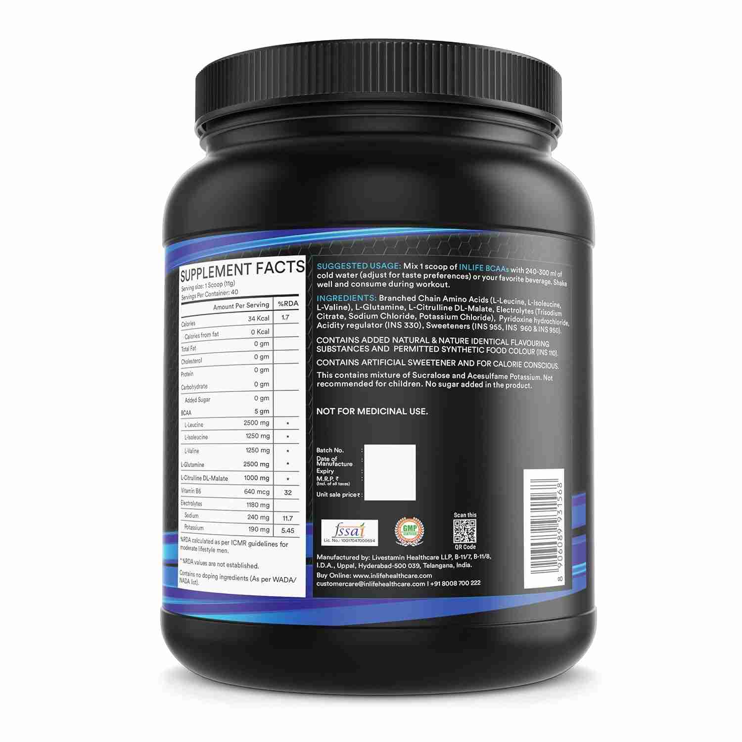 Inlife | BCAA Powder Supplement with Glutamine, Citrulline DL Malate, Vitamin B6 & Electrolytes | Amino Acids for Pre Post Intra Workout Energy Drinks for Athletes | Men & Women (Pineapple, 450g)