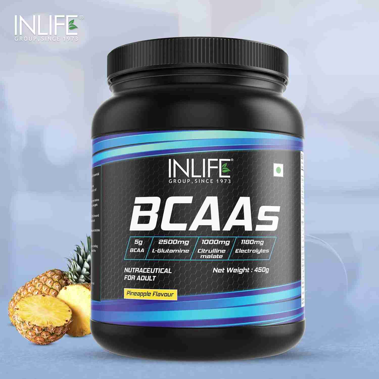 Inlife | BCAA Powder Supplement with Glutamine, Citrulline DL Malate, Vitamin B6 & Electrolytes | Amino Acids for Pre Post Intra Workout Energy Drinks for Athletes | Men & Women (Pineapple, 450g)