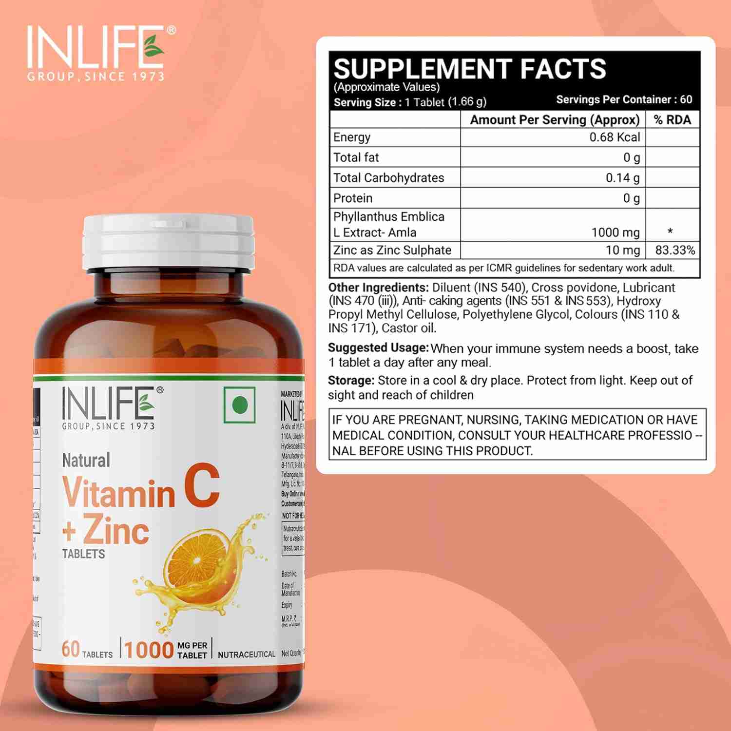 Inlife | Natural Vitamin C Amla Extract With Zinc For Immunity & Skin Care | 60 Veg Tablets (Pack of 1, 60)