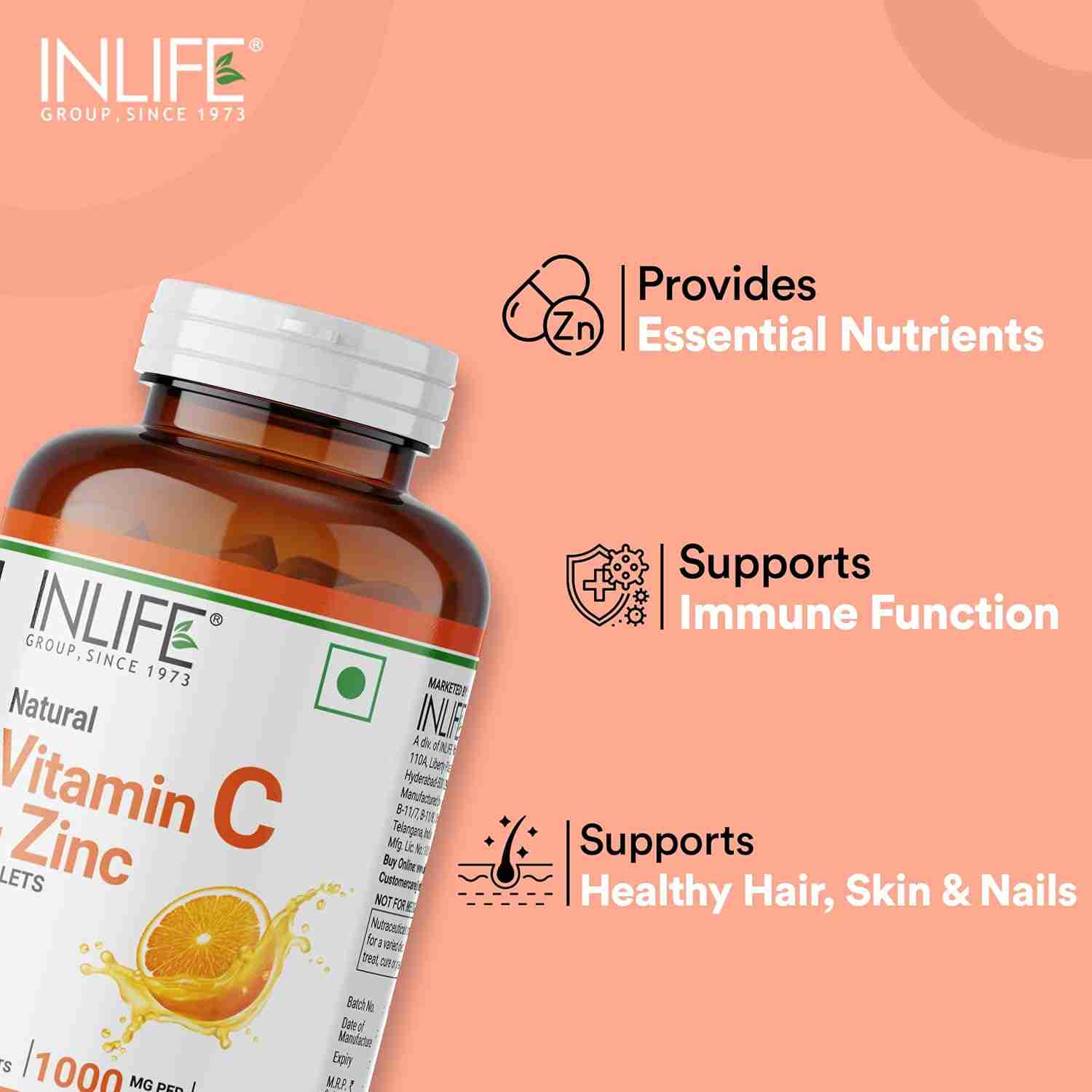 Inlife | Natural Vitamin C Amla Extract With Zinc For Immunity & Skin Care | 60 Veg Tablets (Pack of 1, 60)
