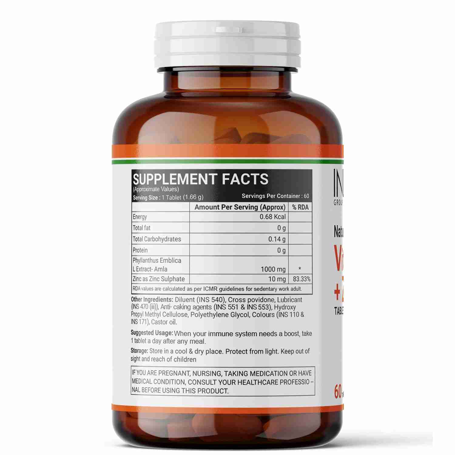 Inlife | Natural Vitamin C Amla Extract With Zinc For Immunity & Skin Care | 60 Veg Tablets (Pack of 1, 60)