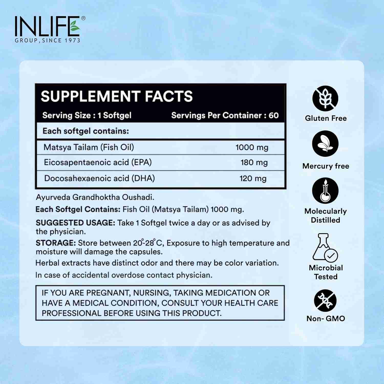 Inlife | Fish Oil Omega 3 Capsule 1000mg | Heart, Brain and Joint Health | Molecularly Distilled Highly Concentrated Supplement | 60 Softgels (Pack of 1, 60)
