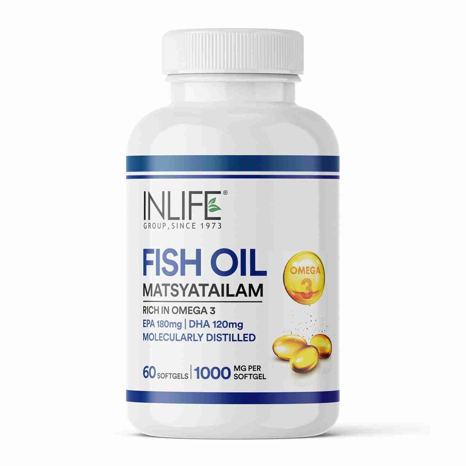 Inlife | Fish Oil Omega 3 Capsule 1000mg | Heart, Brain and Joint Health | Molecularly Distilled Highly Concentrated Supplement | 60 Softgels (Pack of 1, 60)