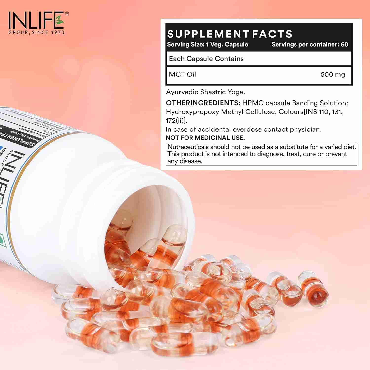 Inlife | Pure MCT Oil C8 C10 Keto Diet Friendly Advanced Products | Food Supplement, 500mg | 60 Liquid Filled Veg Cap (Pack of 1, 60)