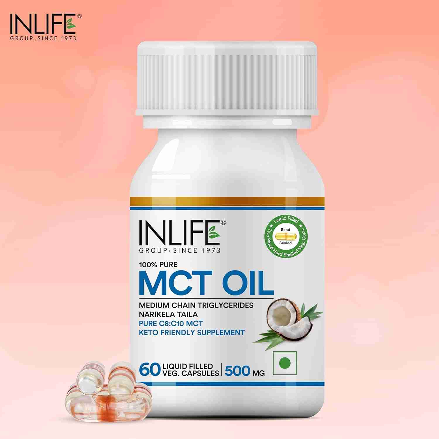 Inlife | Pure MCT Oil C8 C10 Keto Diet Friendly Advanced Products | Food Supplement, 500mg | 60 Liquid Filled Veg Cap (Pack of 1, 60)