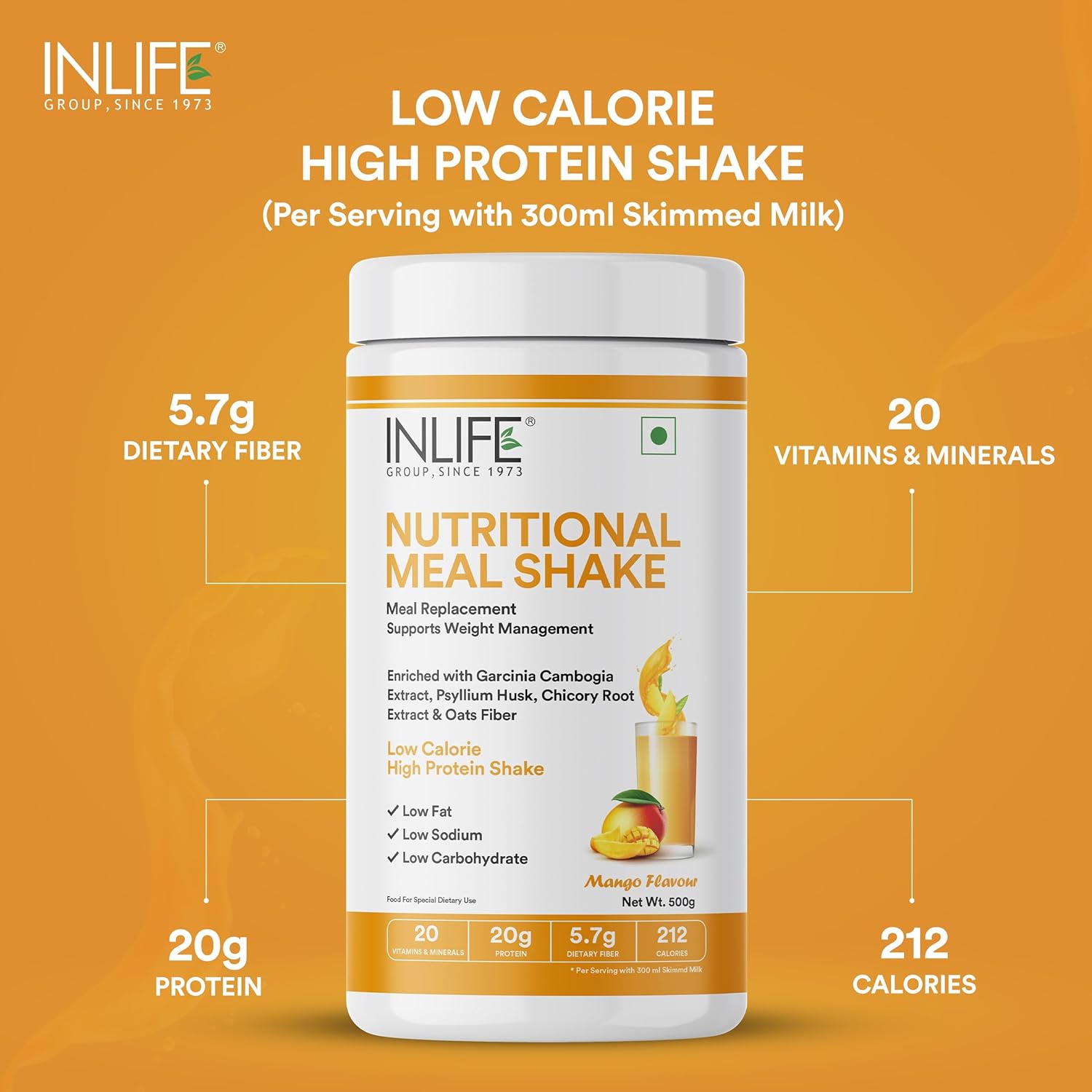Inlife | Meal Replacement Shake | Weight Management, Nutritional Meal Protein Shake | Sugar Free, 20g Protein, 5g Fiber, 207 Calories, 500g (Mango)