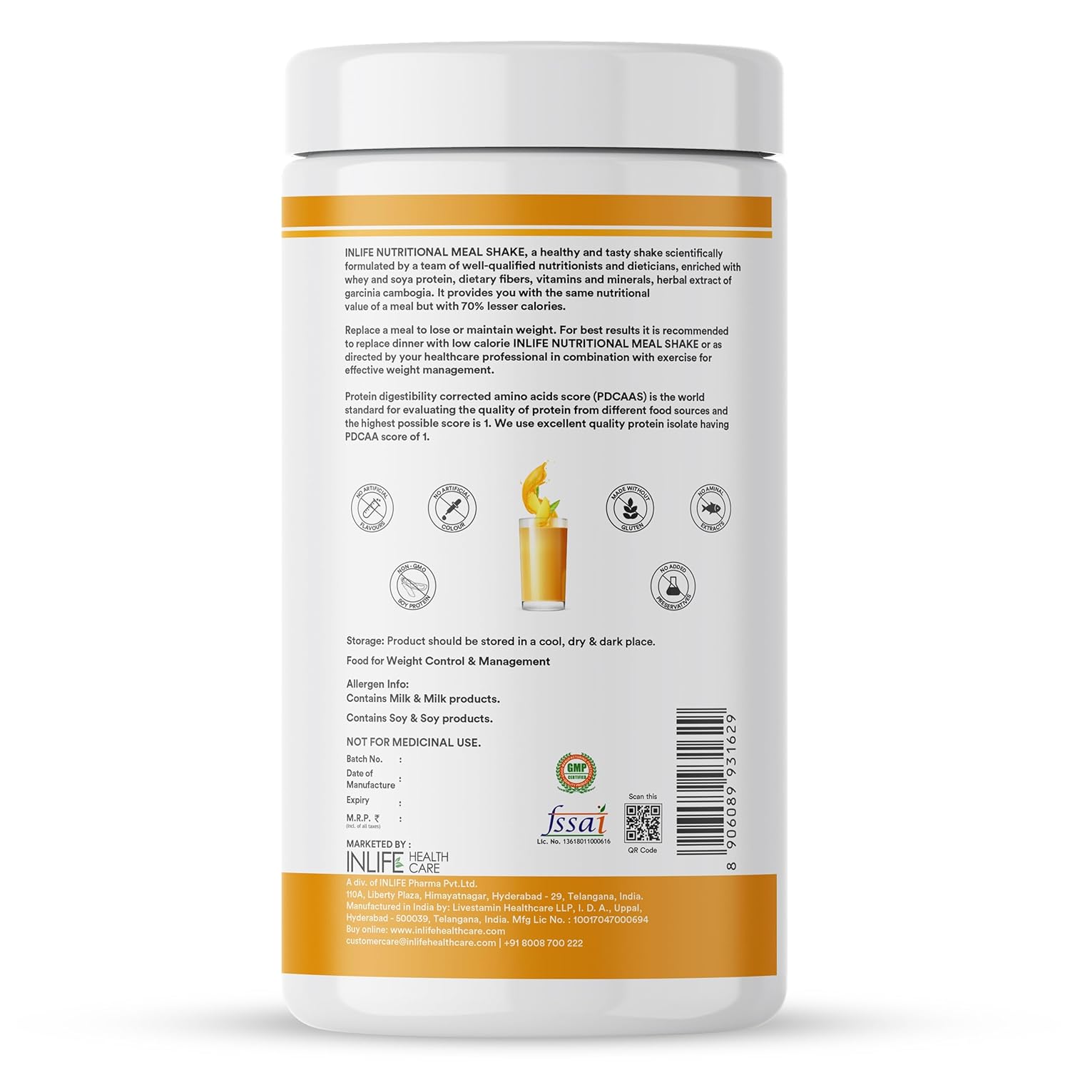 Inlife | Meal Replacement Shake | Weight Management, Nutritional Meal Protein Shake | Sugar Free, 20g Protein, 5g Fiber, 207 Calories, 500g (Mango)