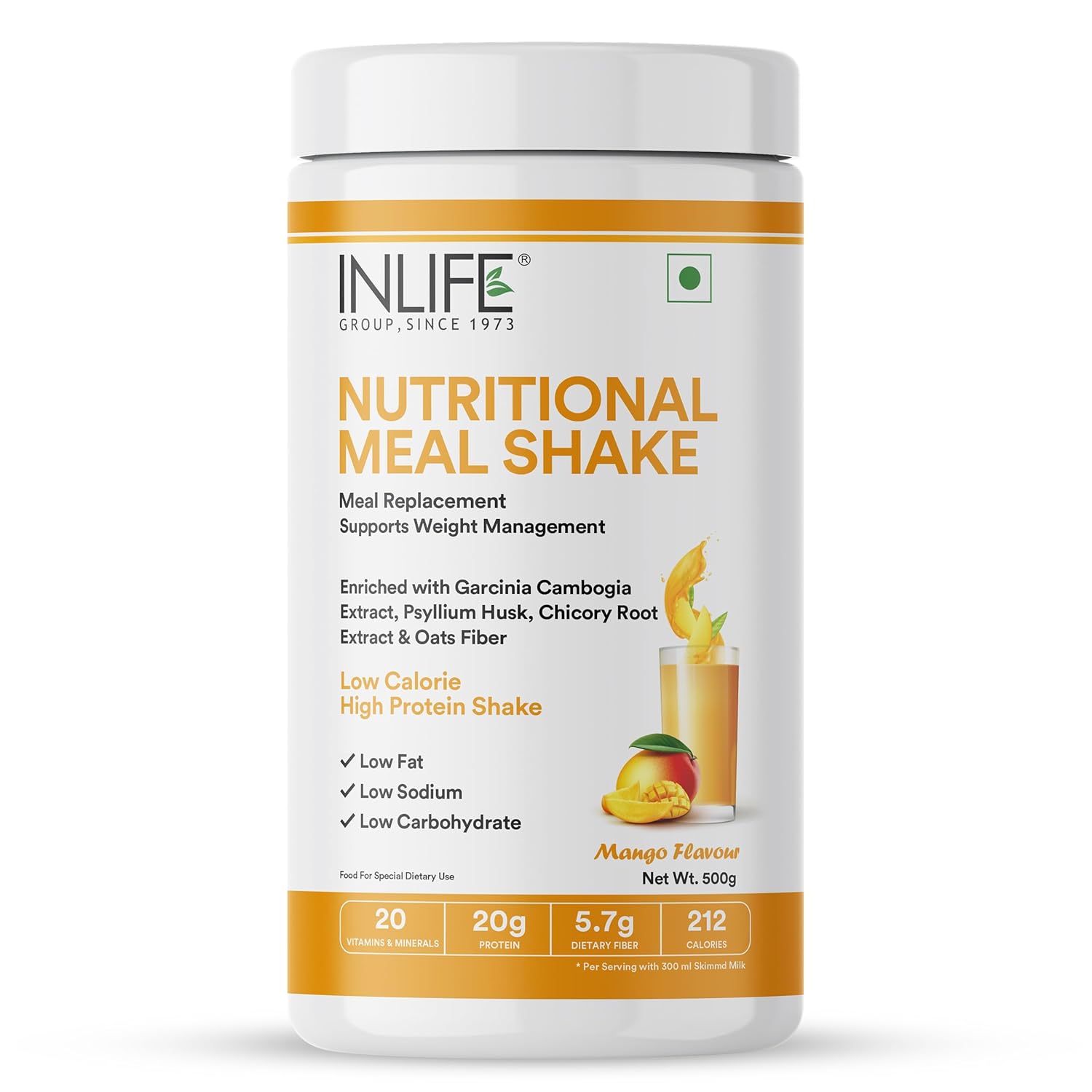 Inlife | Meal Replacement Shake | Weight Management, Nutritional Meal Protein Shake | Sugar Free, 20g Protein, 5g Fiber, 207 Calories, 500g (Mango)