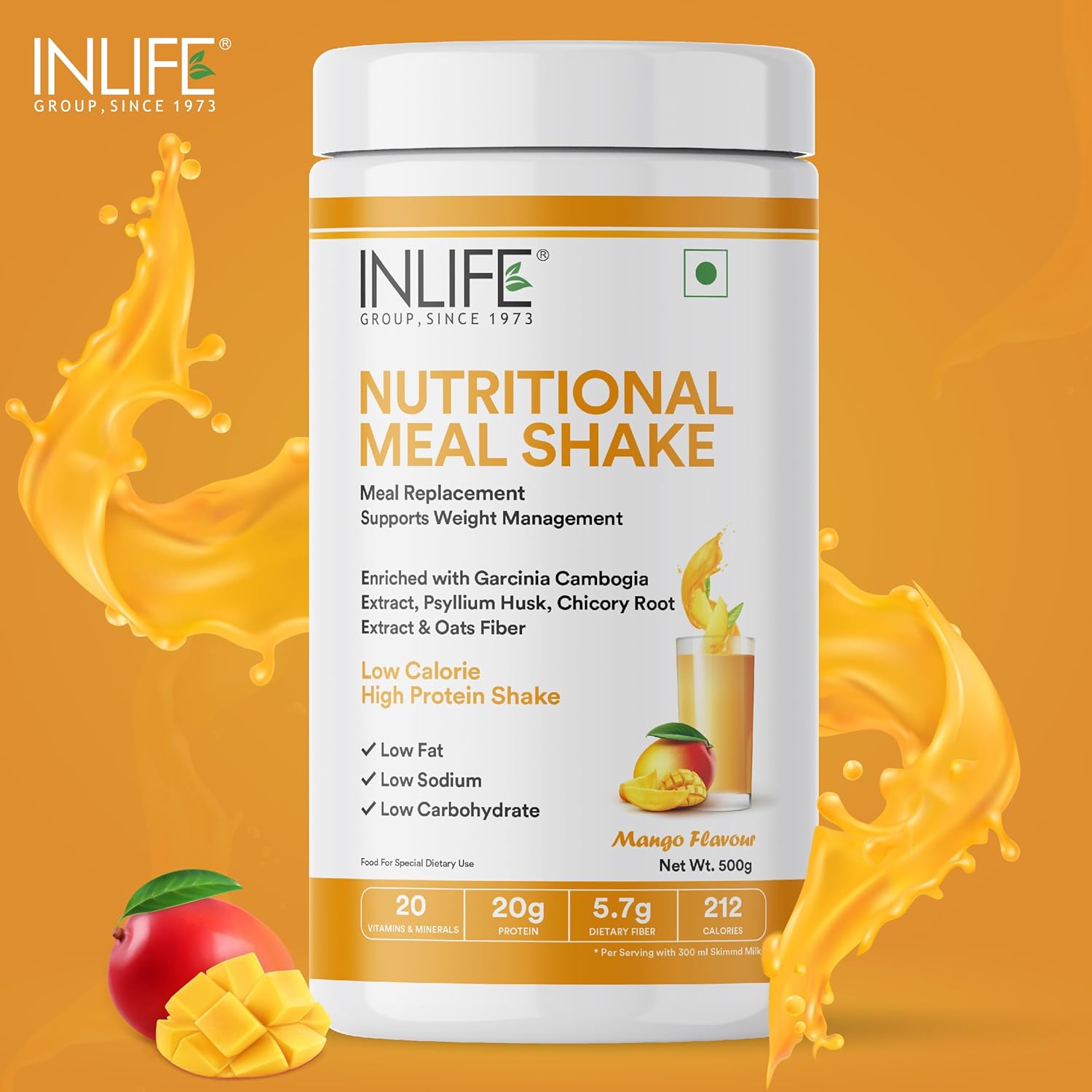 Inlife | Meal Replacement Shake | Weight Management, Nutritional Meal Protein Shake | Sugar Free, 20g Protein, 5g Fiber, 207 Calories, 500g (Mango)