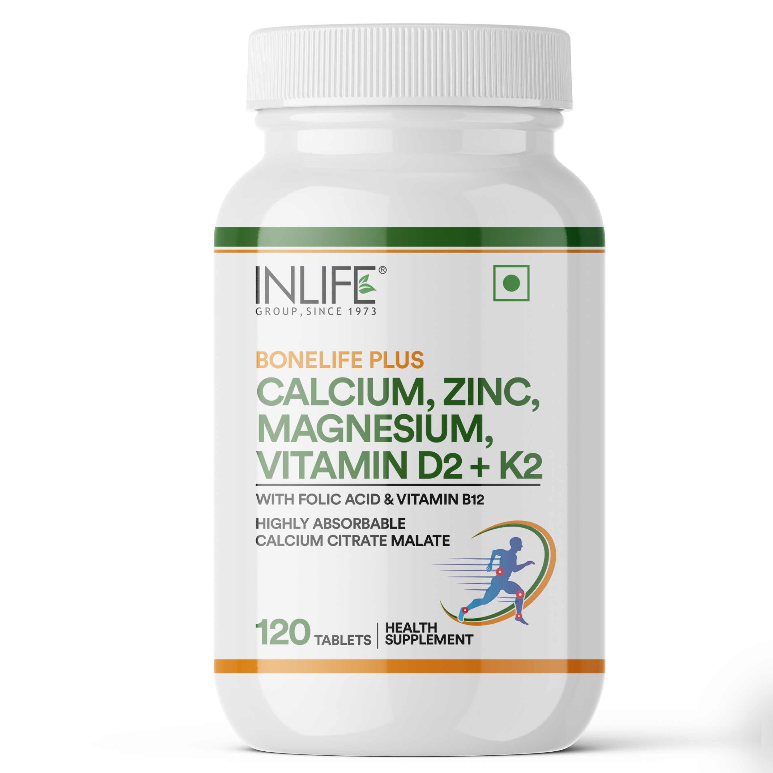 Inlife | Calcium Magnesium Zinc | Vitamin D2 B12 Folic Acid K2 MK7 | Bone Muscle & Joint Health Support | Men Women | 120 Tab